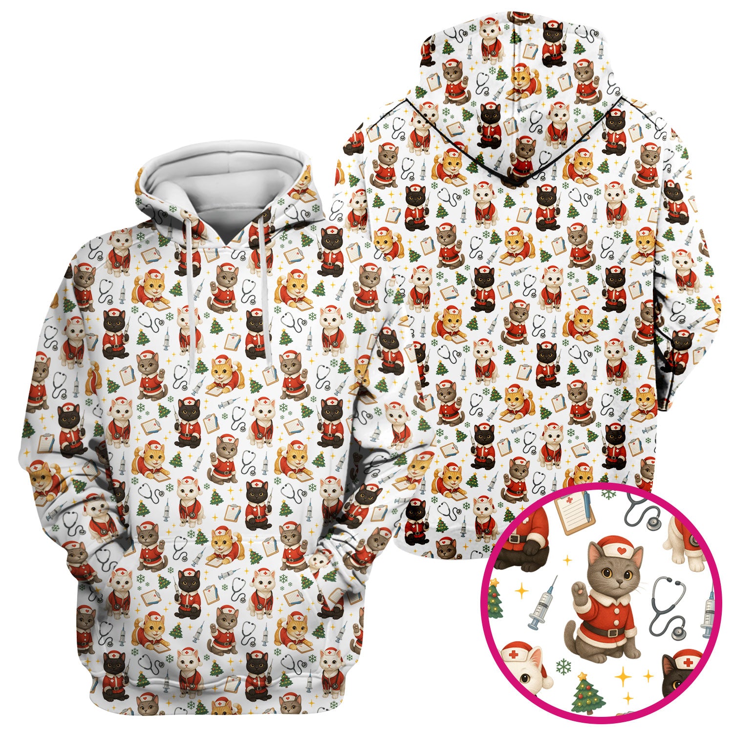 Funny Nurse Scrub Top for Women - Christmas Lucky Cat Design - Cute Holiday Nursing Shirt Gift for RN LPN CNA