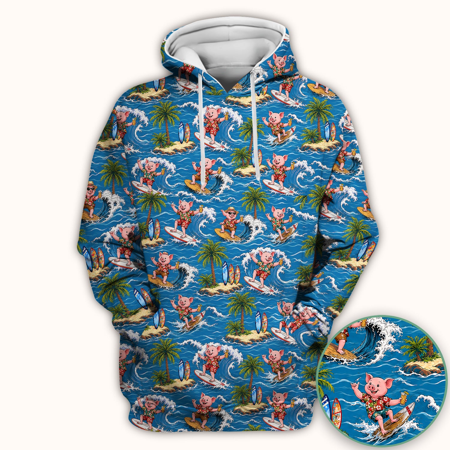 Tropical Surfing Pig Island Pattern Scrub Top, Comfortable Scrubs for Nurses