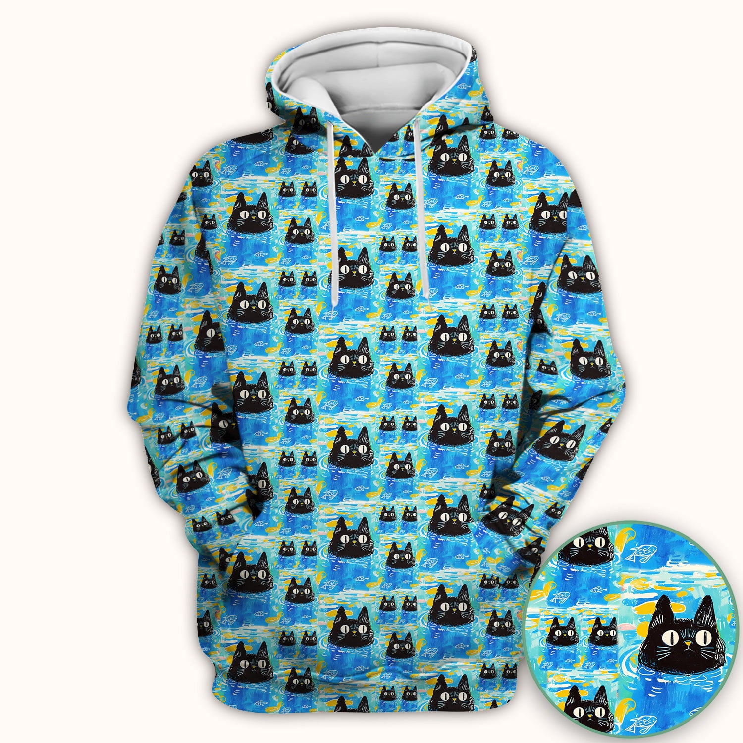 Black Cat Swimming In Blue Water Pattern Scrub Top, Comfortable Scrubs for Nurses