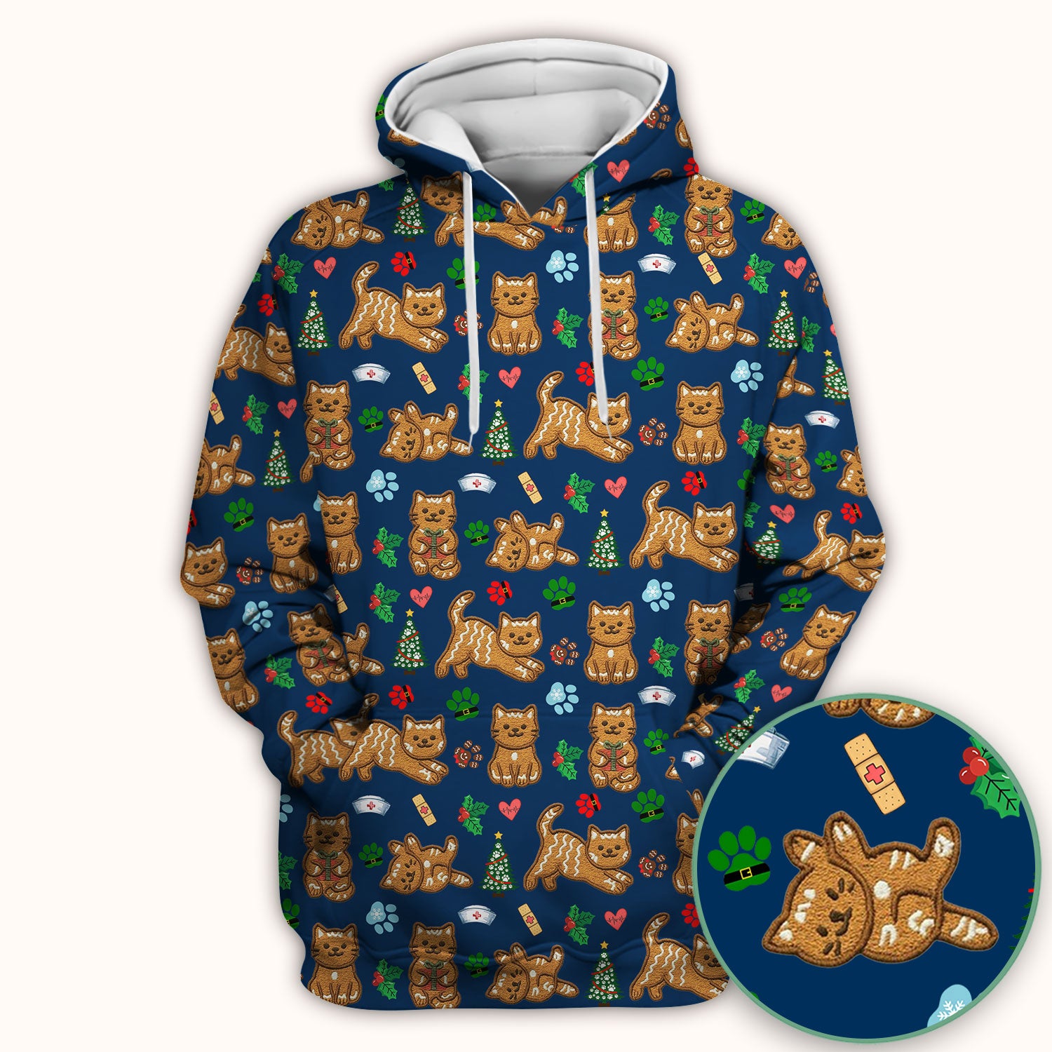 Gingerbread Cat Christmas Scrub Top, Cute Holiday Kitty Medical Uniform Shirt For Nursing, Festive Nurse Pattern