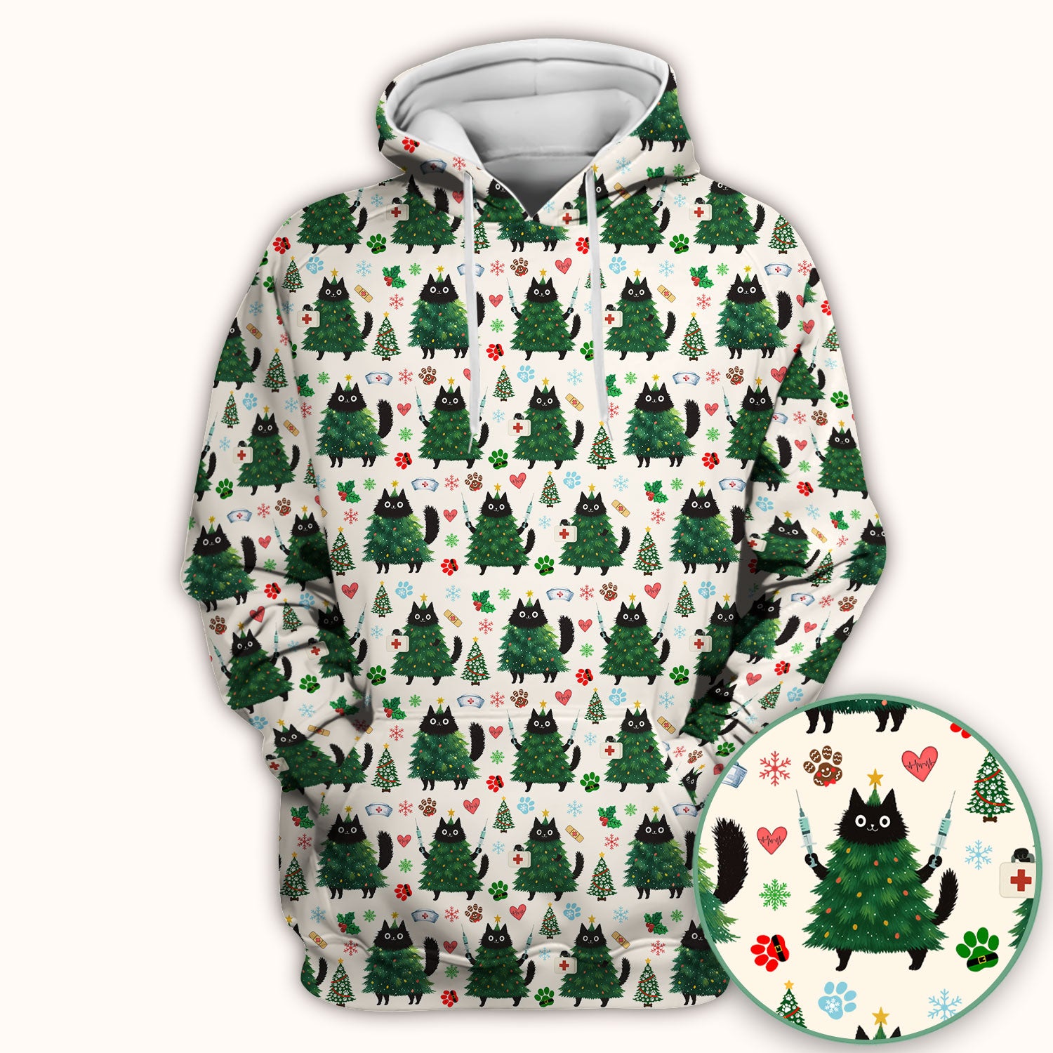 Christmas Nurse Scrub Top, Xmas Black Cat Pattern Nurse Shirt,  Breathable Fabrics Nursing Uniform