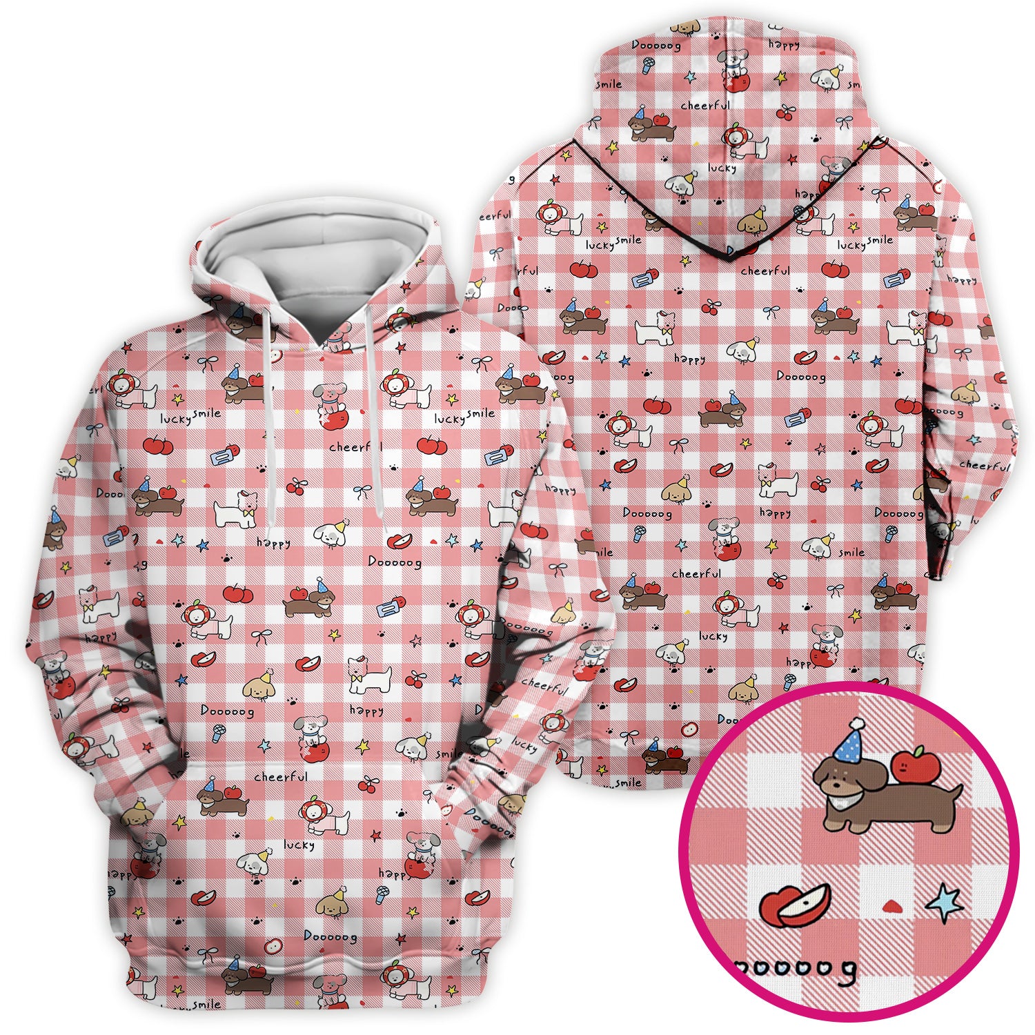 Cute Nurse Cartoon Puppy Apple Gingham Scrub Top, Breathable Fabrics Nursing Uniform