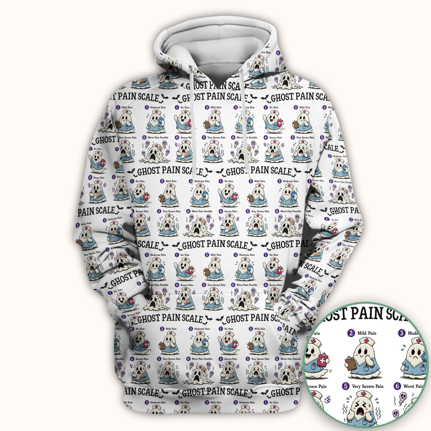 Funny Ghost Pain Scale Pattern Scrub Top, Comfortable Scrubs for Nurses