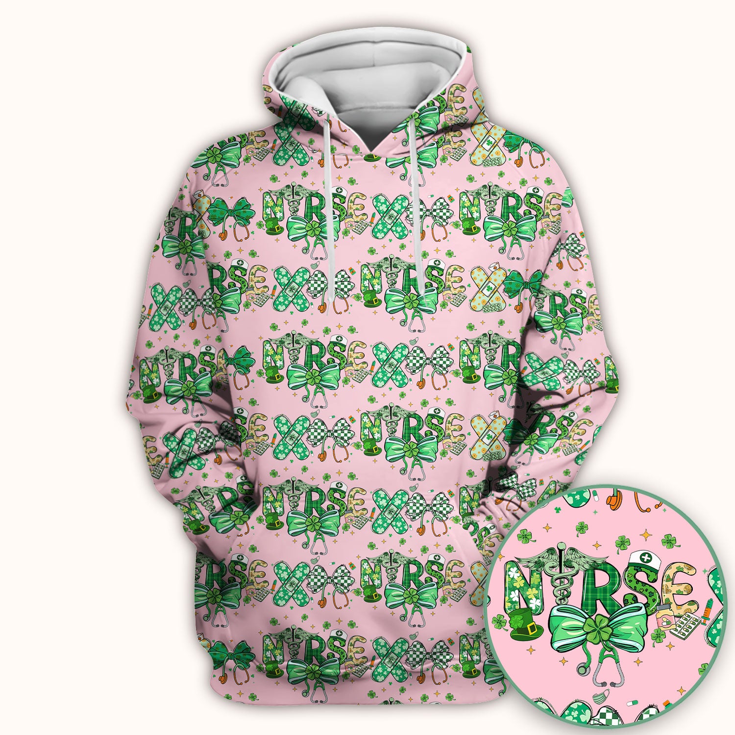 St. Patrick’s Nurse Scrub Top, Lucky Clover And Green Bow Pattern Nurse Shirt, Breathable Fabrics Nursing Uniform