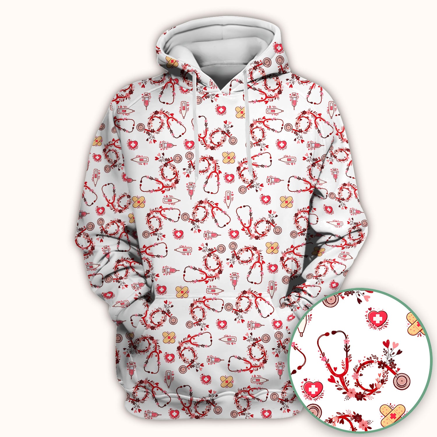 Heart Stethoscope Medical Pattern Scrub Top, Breathable Fabrics Nursing Uniform