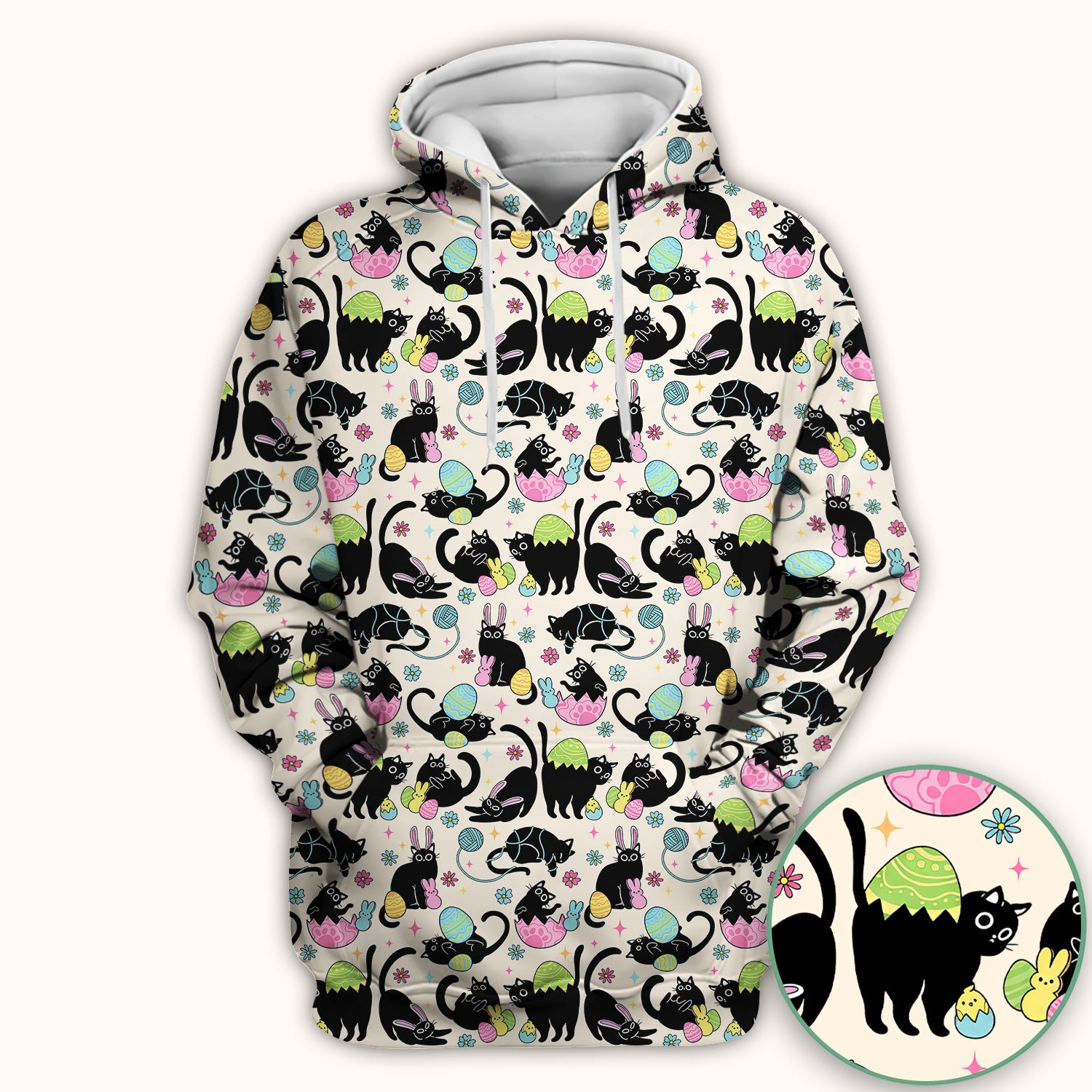 Funny Easter Black Cat Egg Pattern Scrub Top, Breathable Fabrics Nursing Uniform
