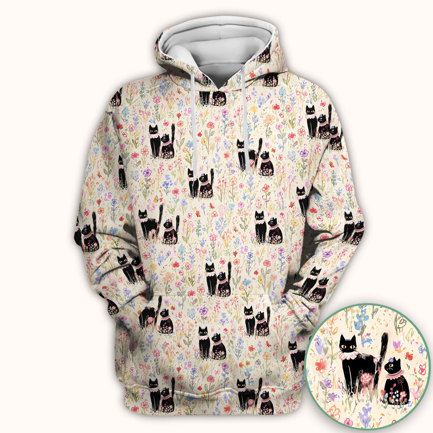 Cute Black Cats Wildflower Garden Pattern Scrub Top, Comfortable Scrubs for Nurses