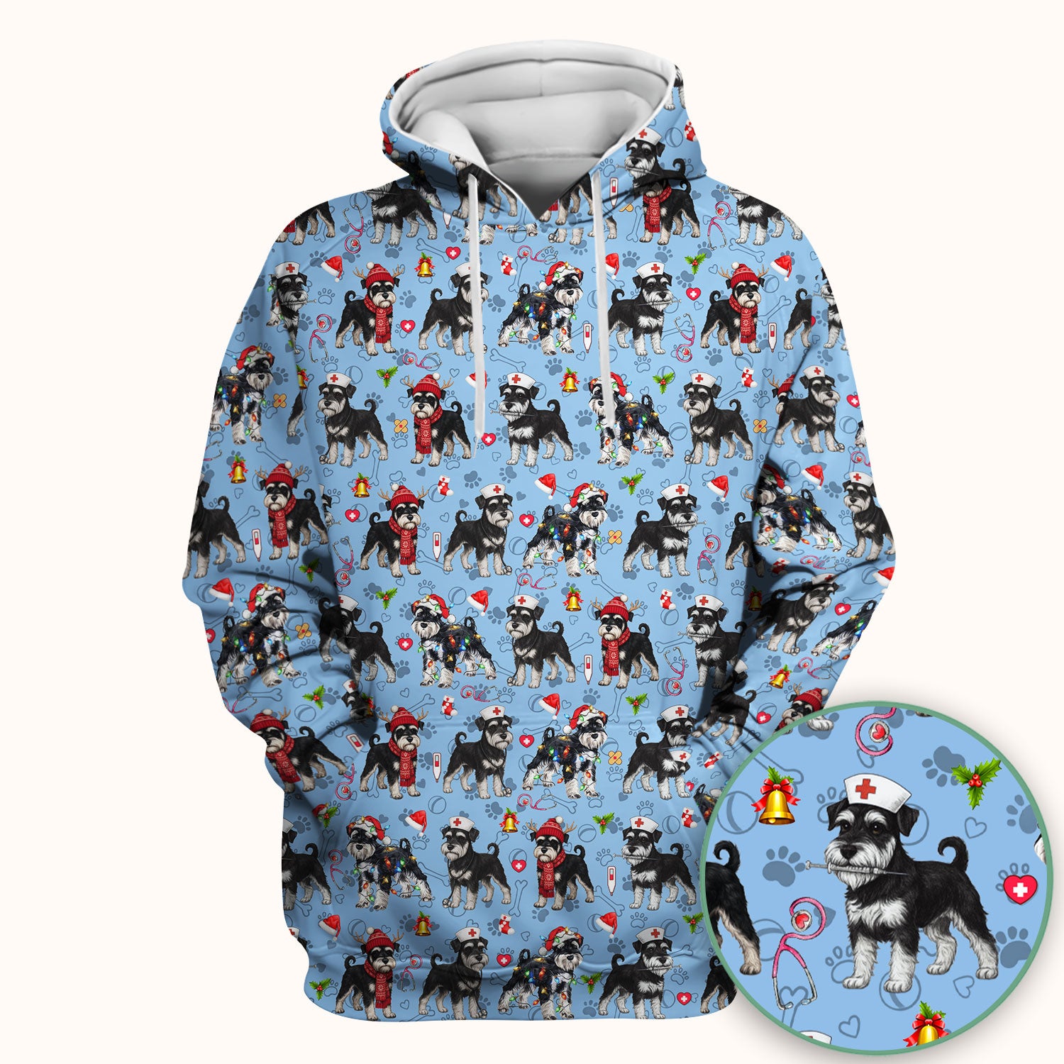 Christmas Schnauzer Scrubs for Nurses - Cute Dog Holiday Scrub Top - Funny Santa Nursing Medical Shirt for Women