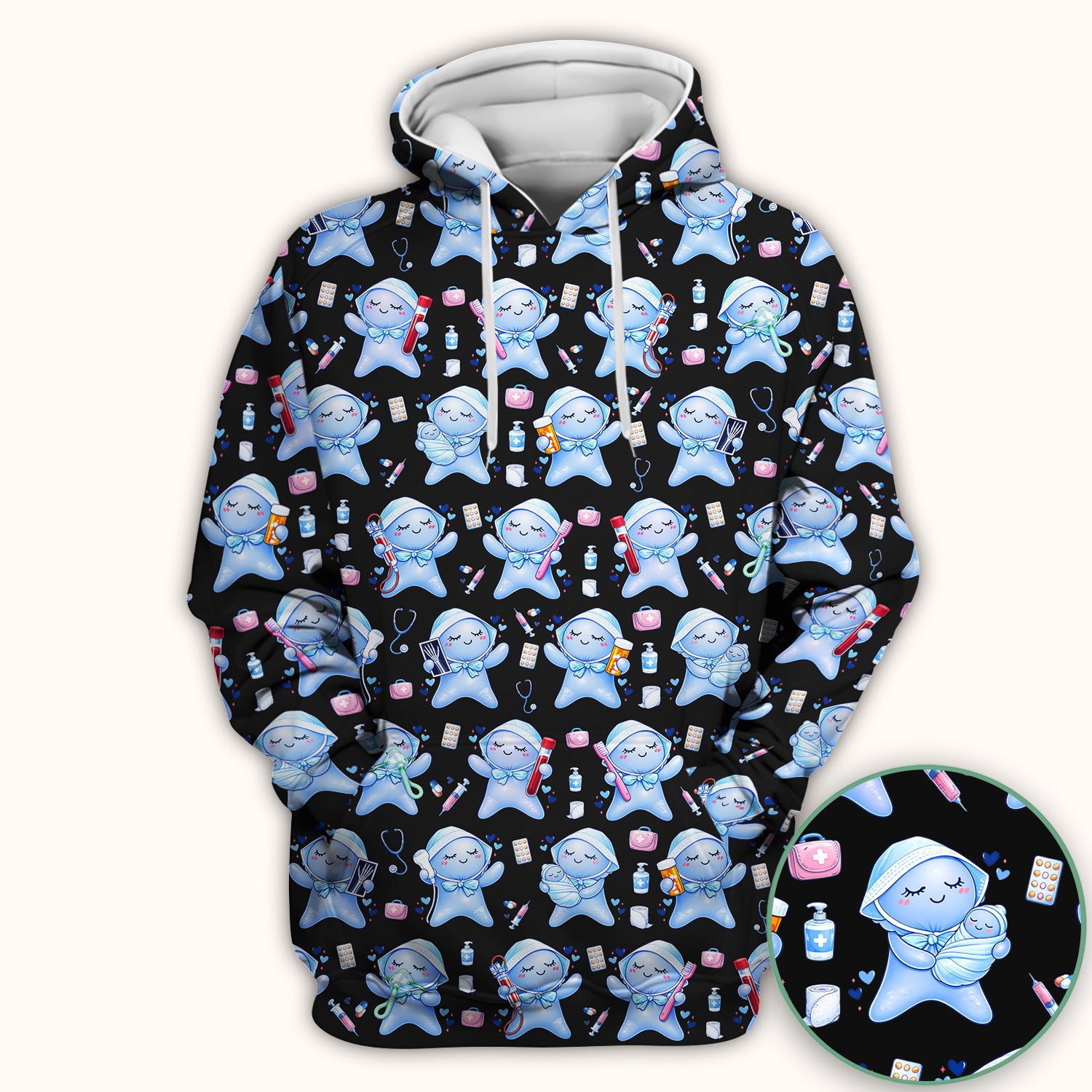 Cute Tooth Character Dental Tools Caring Pattern Scrub Top, Breathable Fabrics Nursing Uniform
