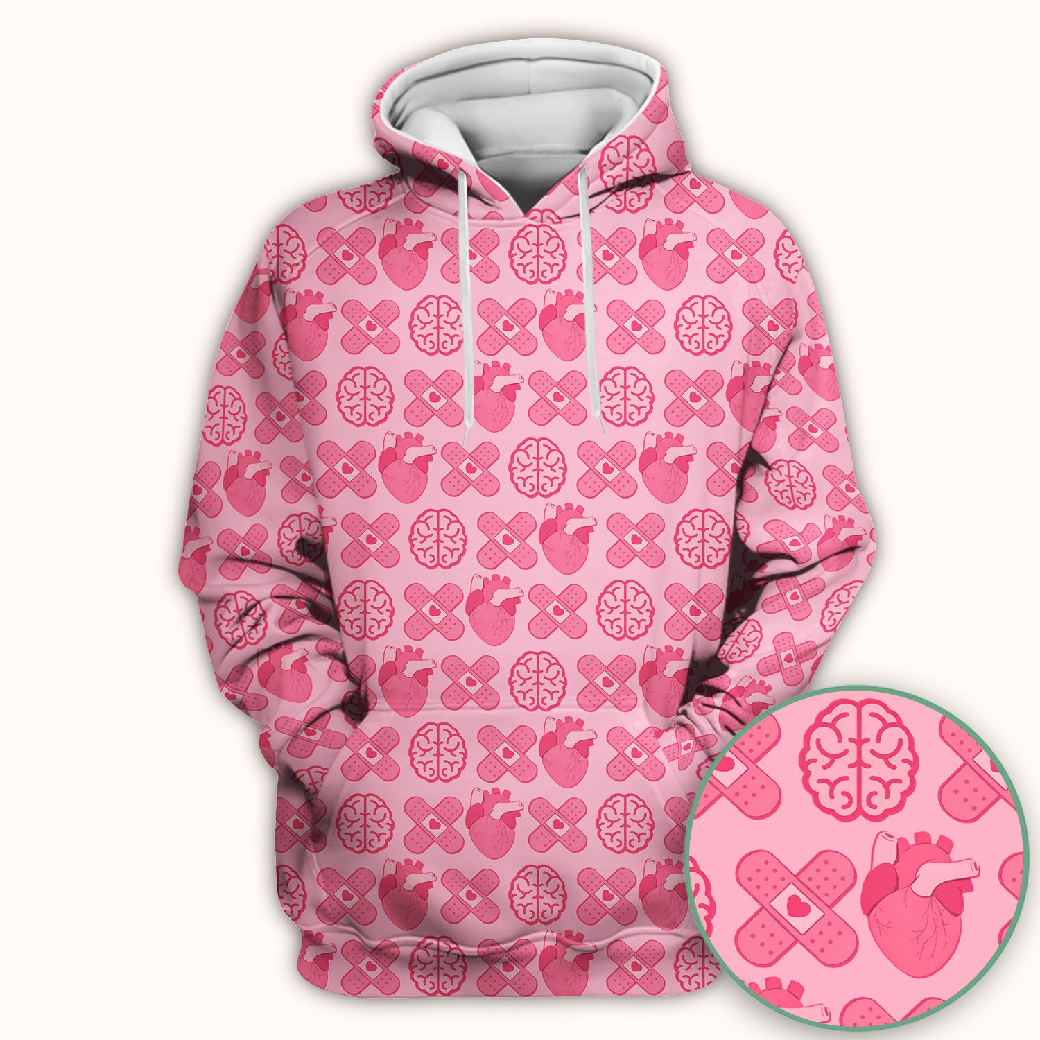 Heart & Brain Medical Icon Pattern Scrub Top, Breathable Fabrics Nursing Uniform