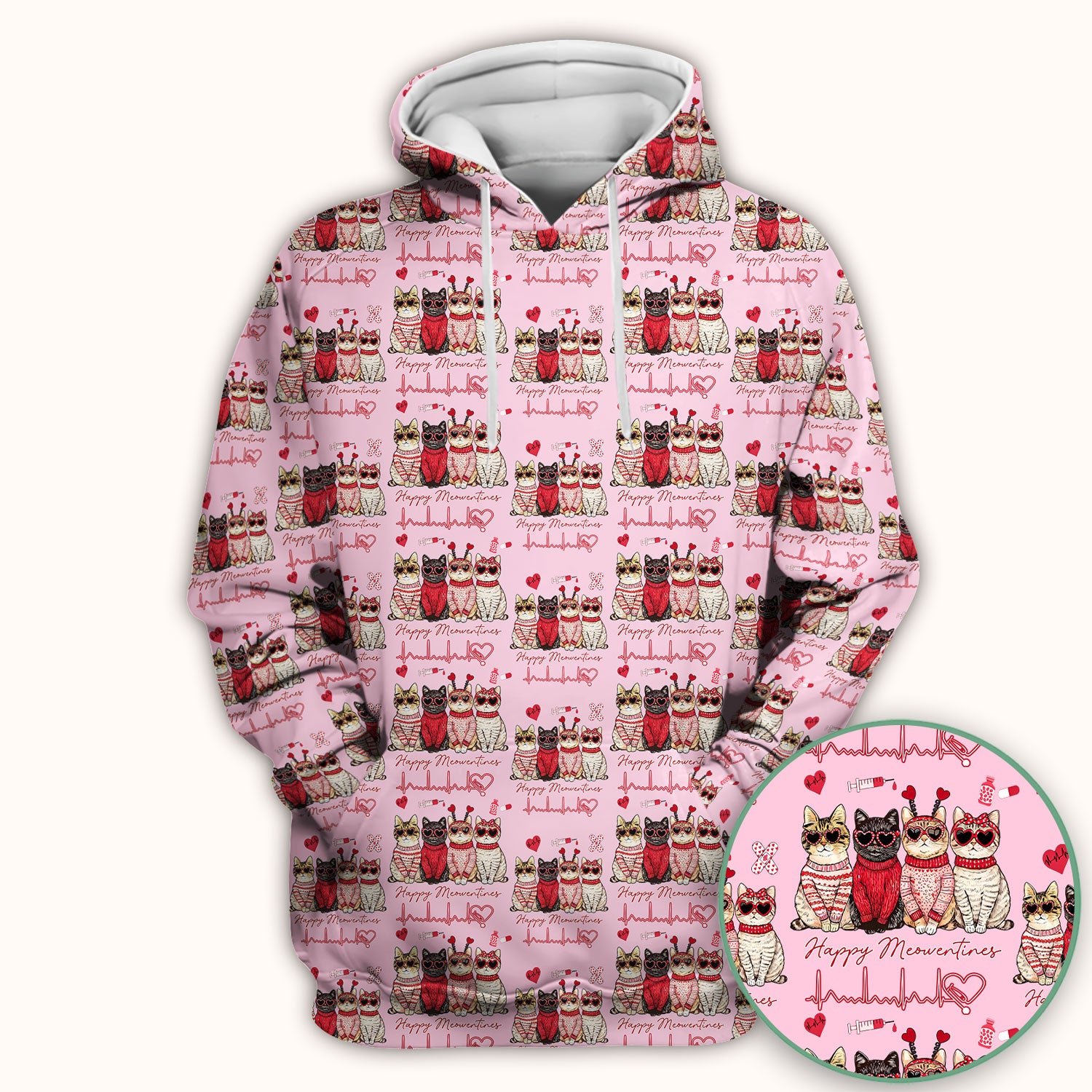 Happy Meowtines Cat Pattern Scrub Top, Valentine Cat Lover Nurse Scrub Shirt, Heartbeat Medical Pattern Nursing Uniform