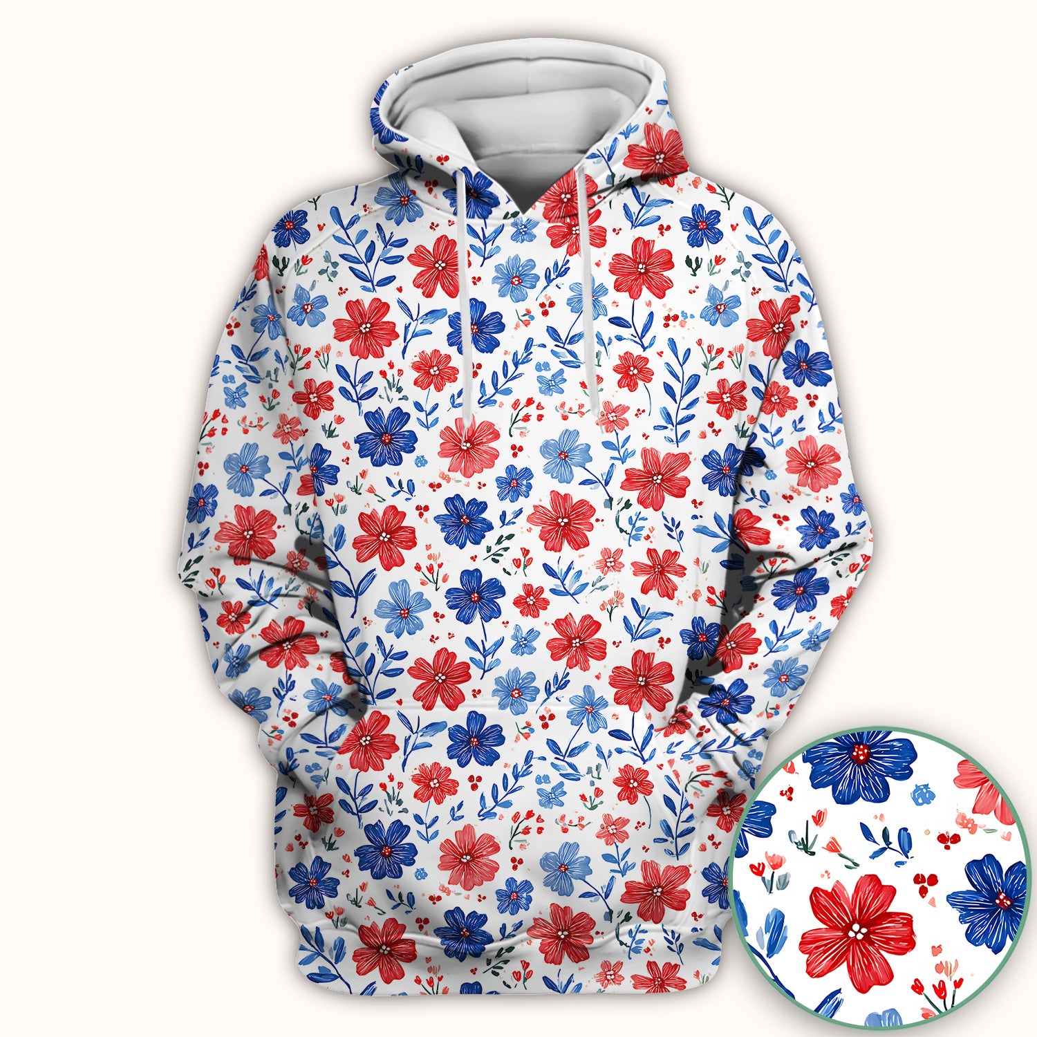 Patriotic Red White Blue Floral Print Scrub Top, Comfortable Scrubs for Nurses