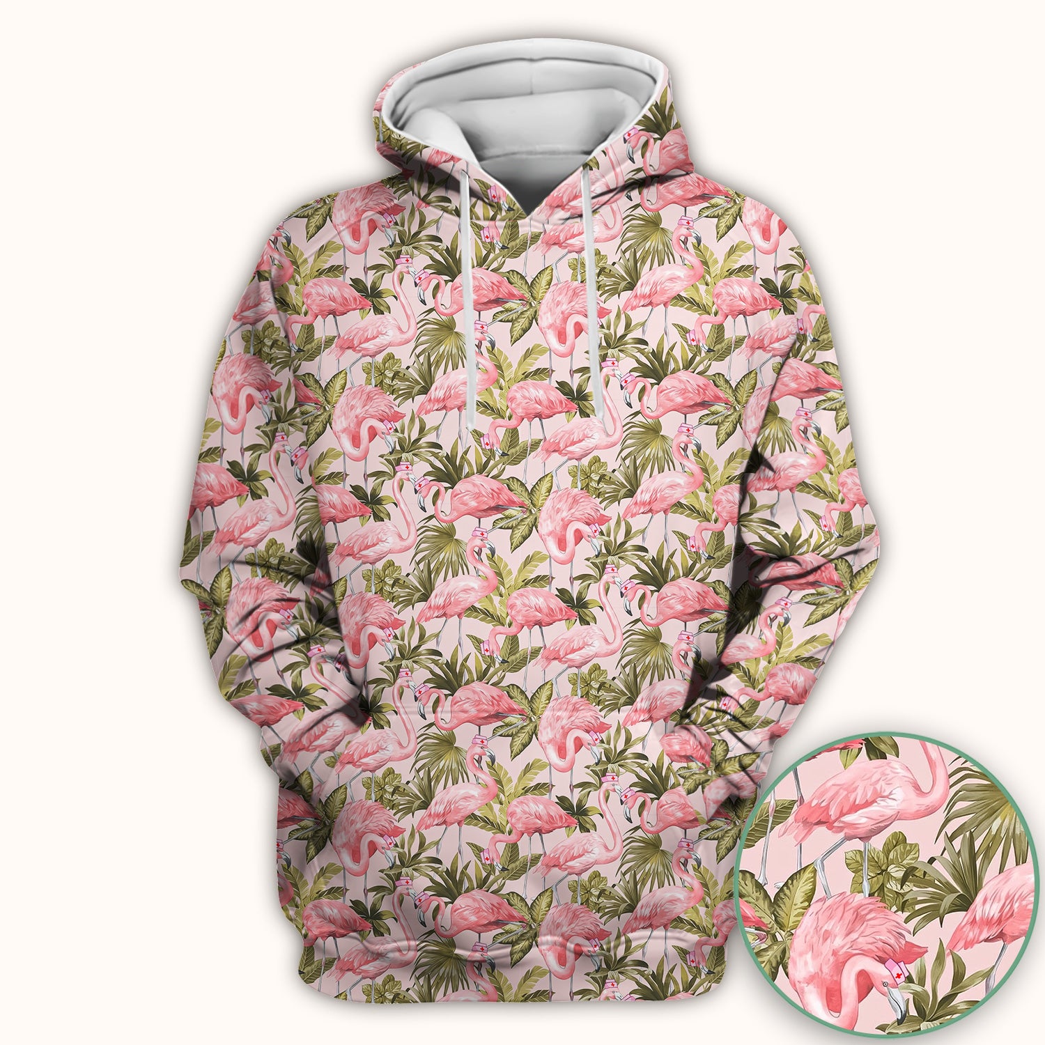 Pink Flamingo Jungle Leaves Pattern Scrub Top, Breathable Fabrics Nursing Uniform
