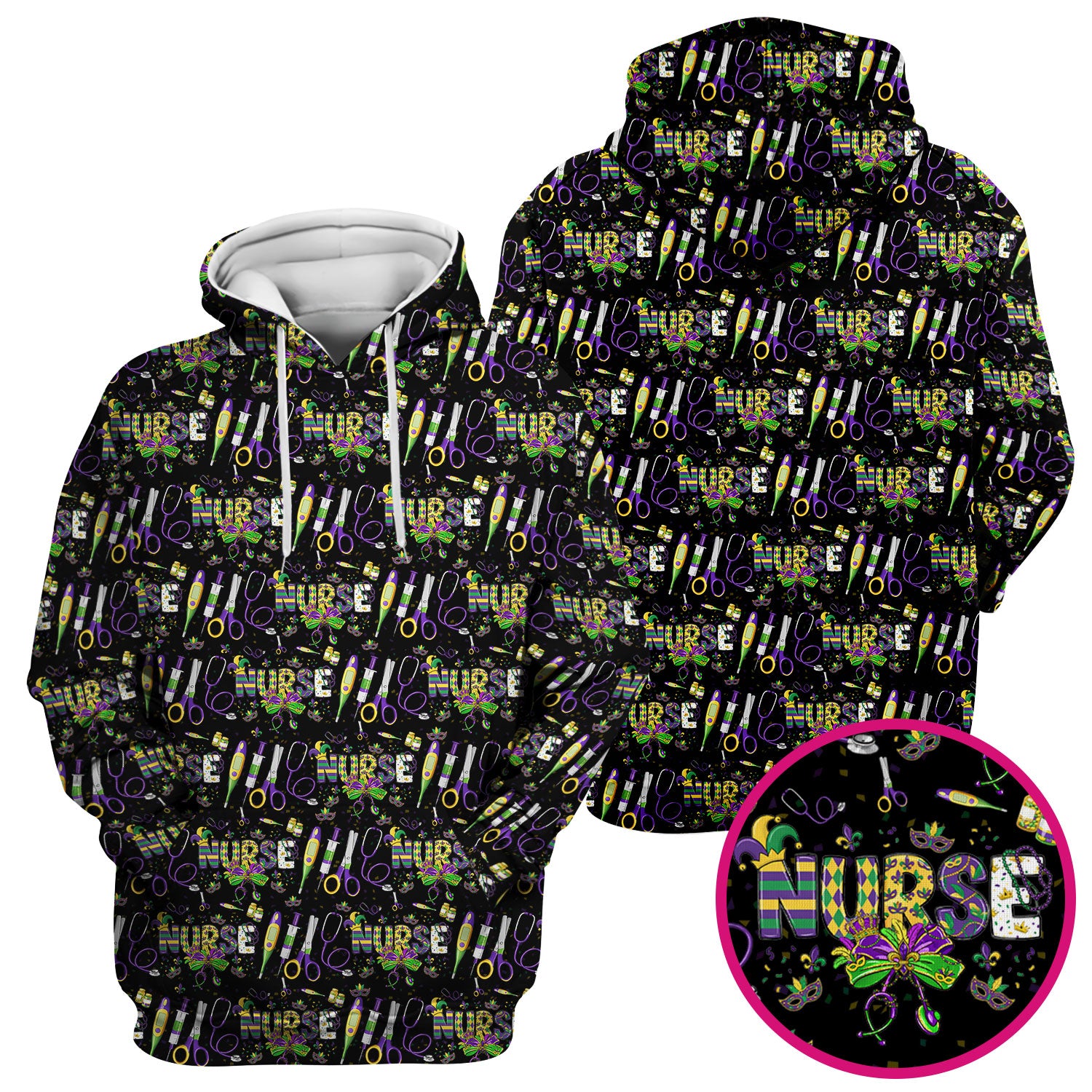 Mardi Gras Nurse Scrub Top, Holiday Medical Pattern Nurse Shirt, Breathable Fabrics Nursing Uniform