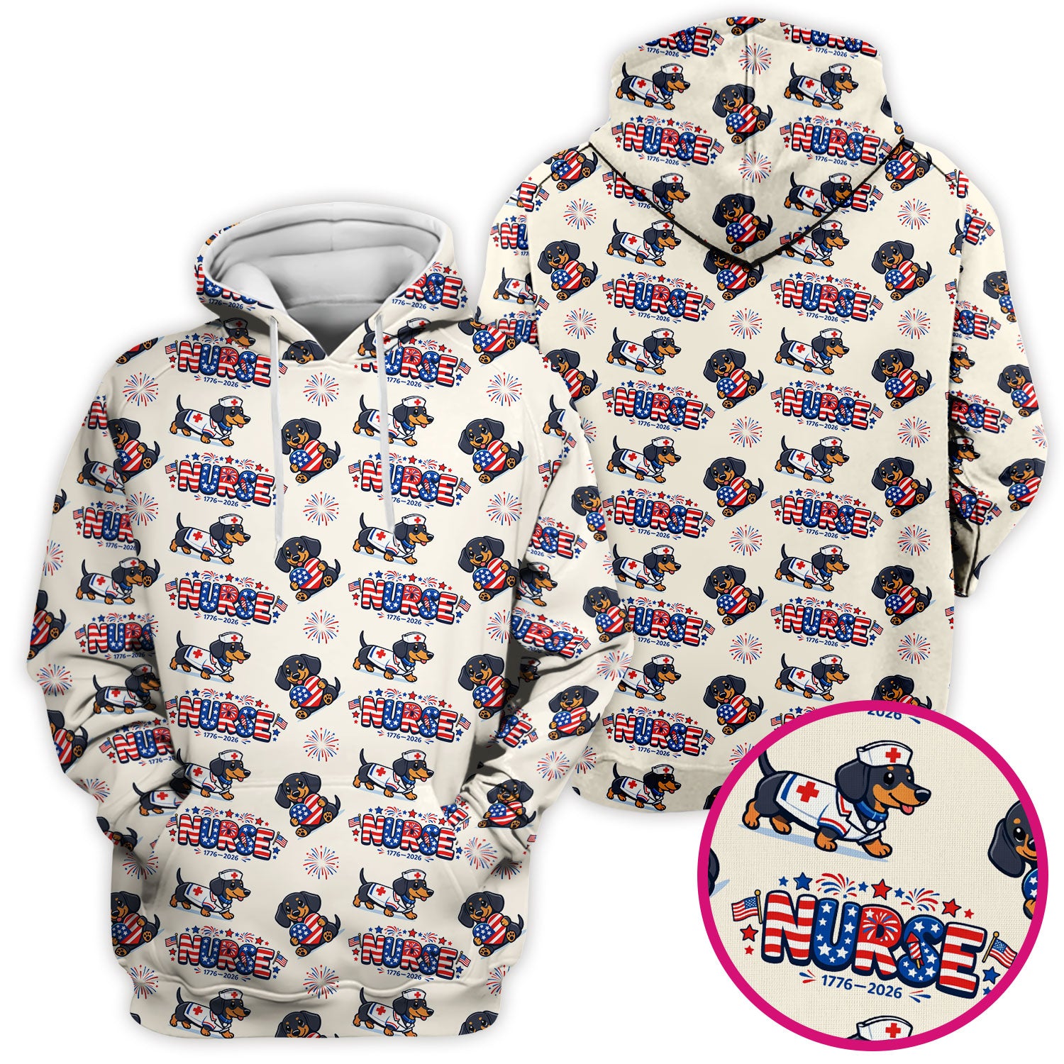 Proud Nurse Patriotic Dachshund Medical Firework Pattern Scrub Top, Comfortable Scrubs for Nurses