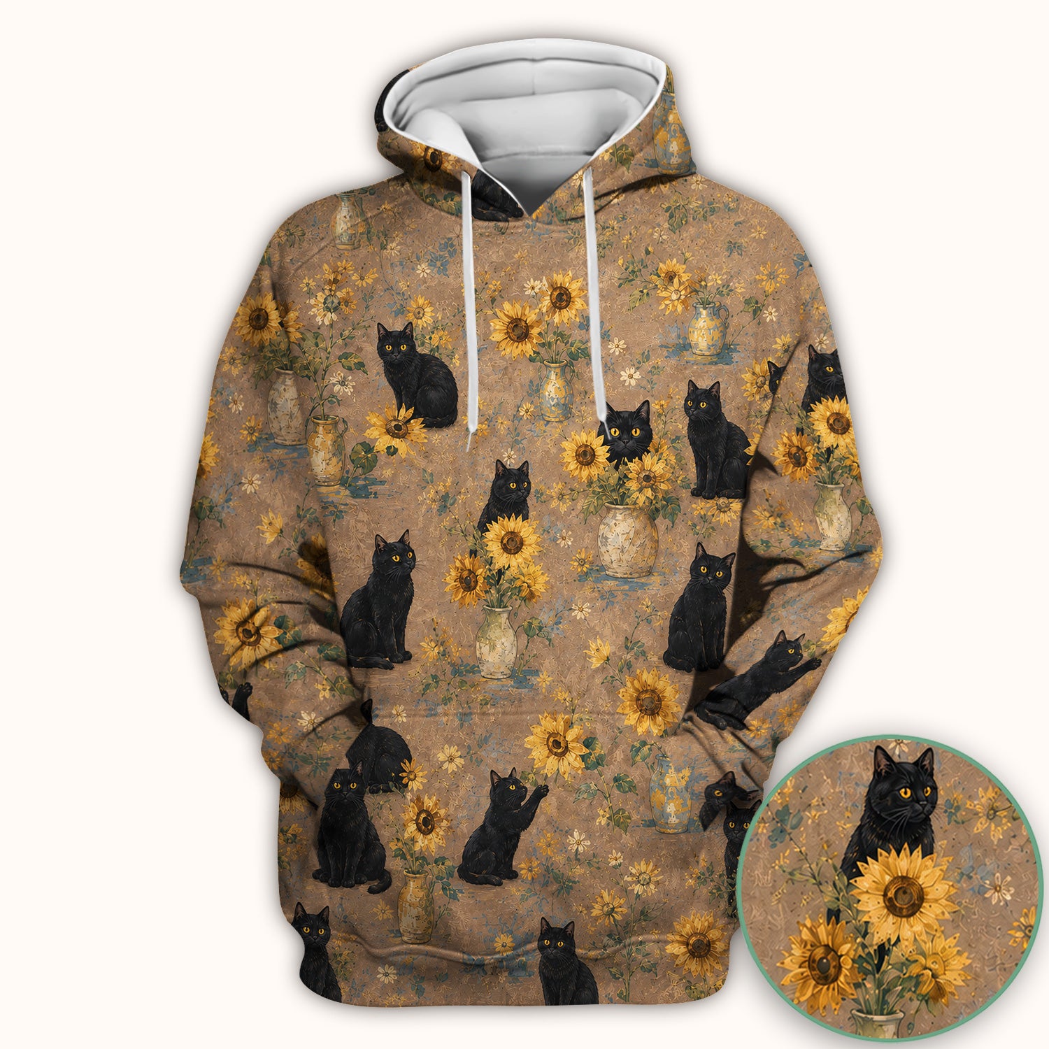 Rustic Sunflower Black Cat Print Scrub Top, Comfortable Scrubs for Nurses
