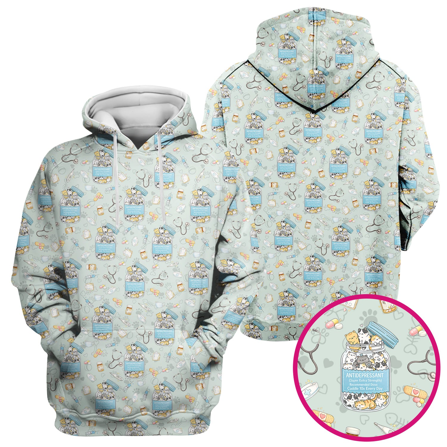 Cute Antidepressant Cat Jar Print Nurse Scrub Top, Breathable Fabrics Nursing Uniform