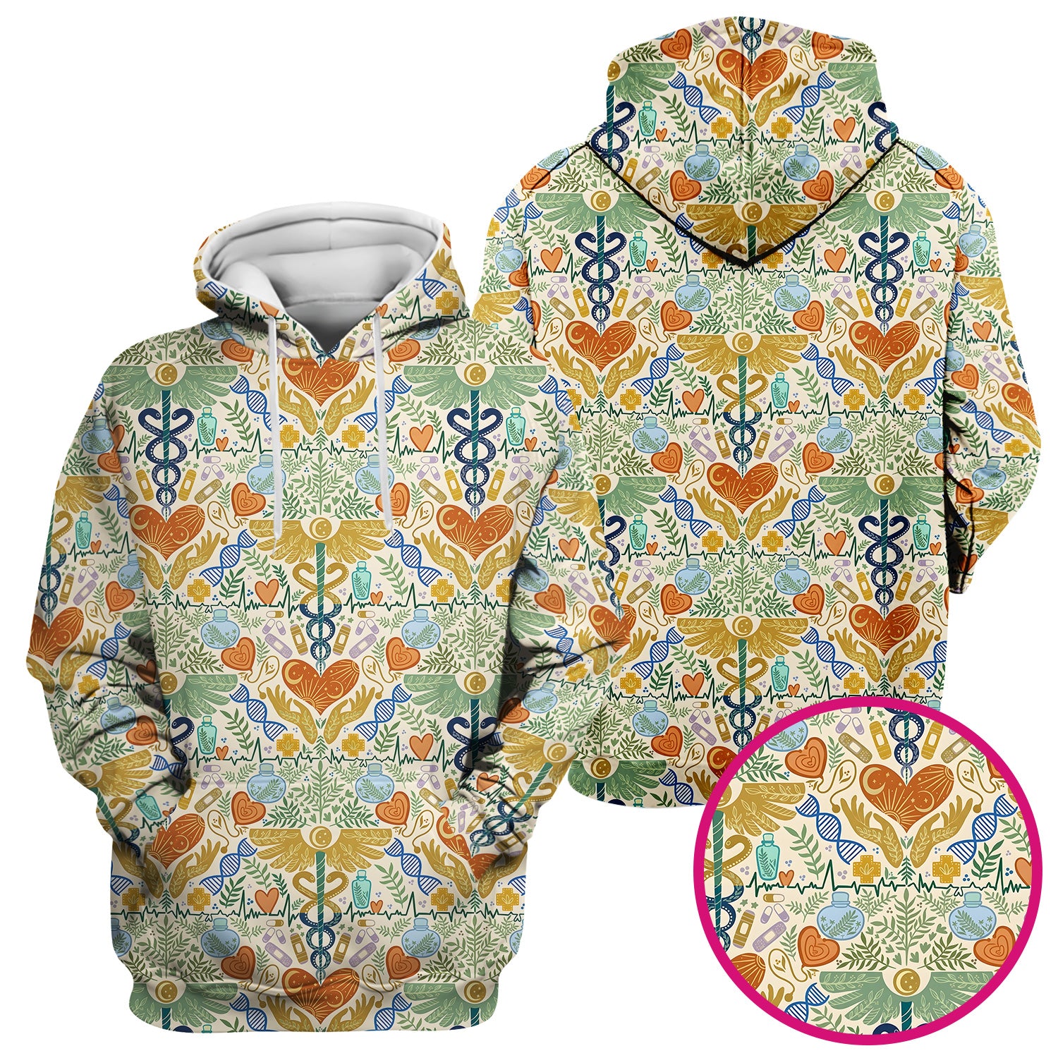 Inspirational Botanical Medical Caduceus Heart Nurse Pattern Scrub Top, Breathable Fabrics Nursing Uniform