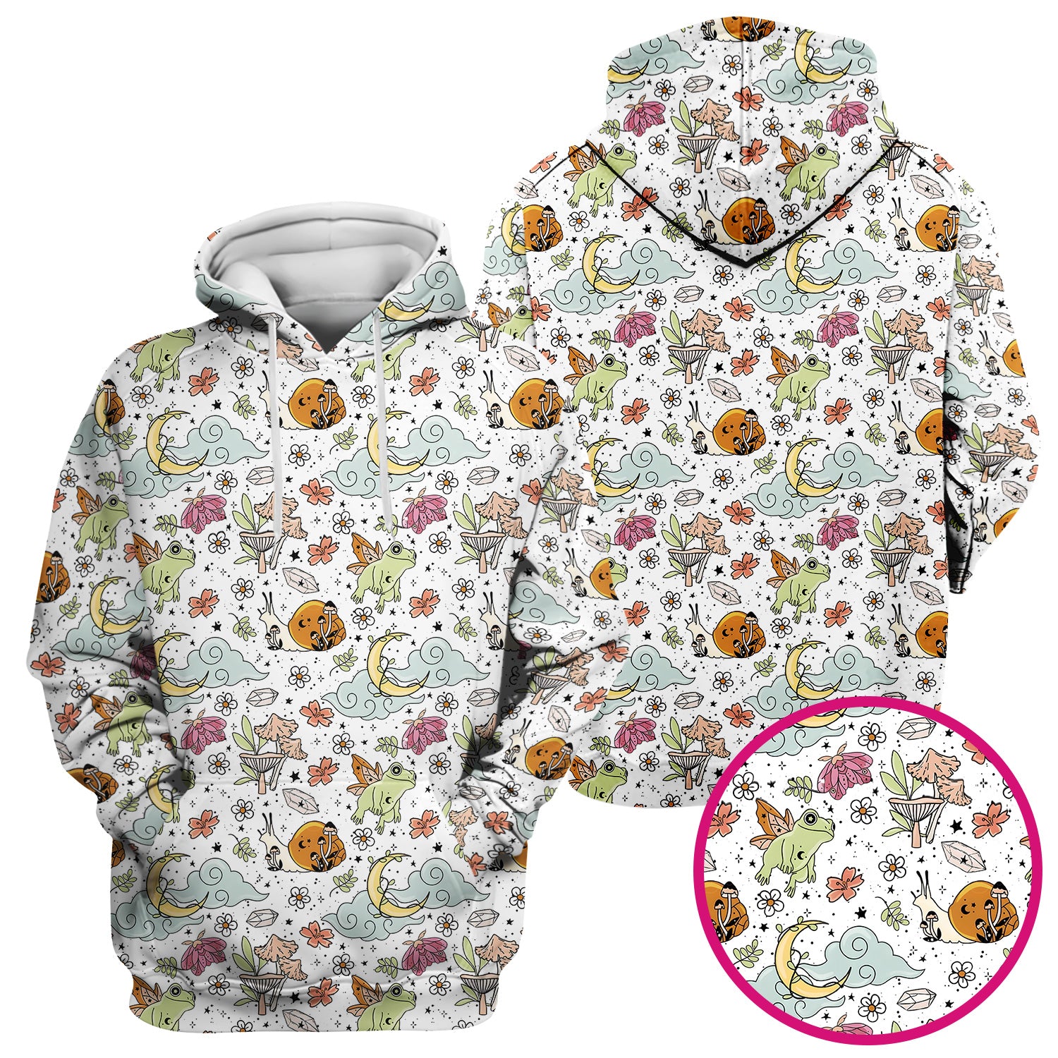 Whimsical Frog Moon Mushroom Pattern Scrub Top, Fantasy Nature Print, Breathable Fabrics Nursing Uniform