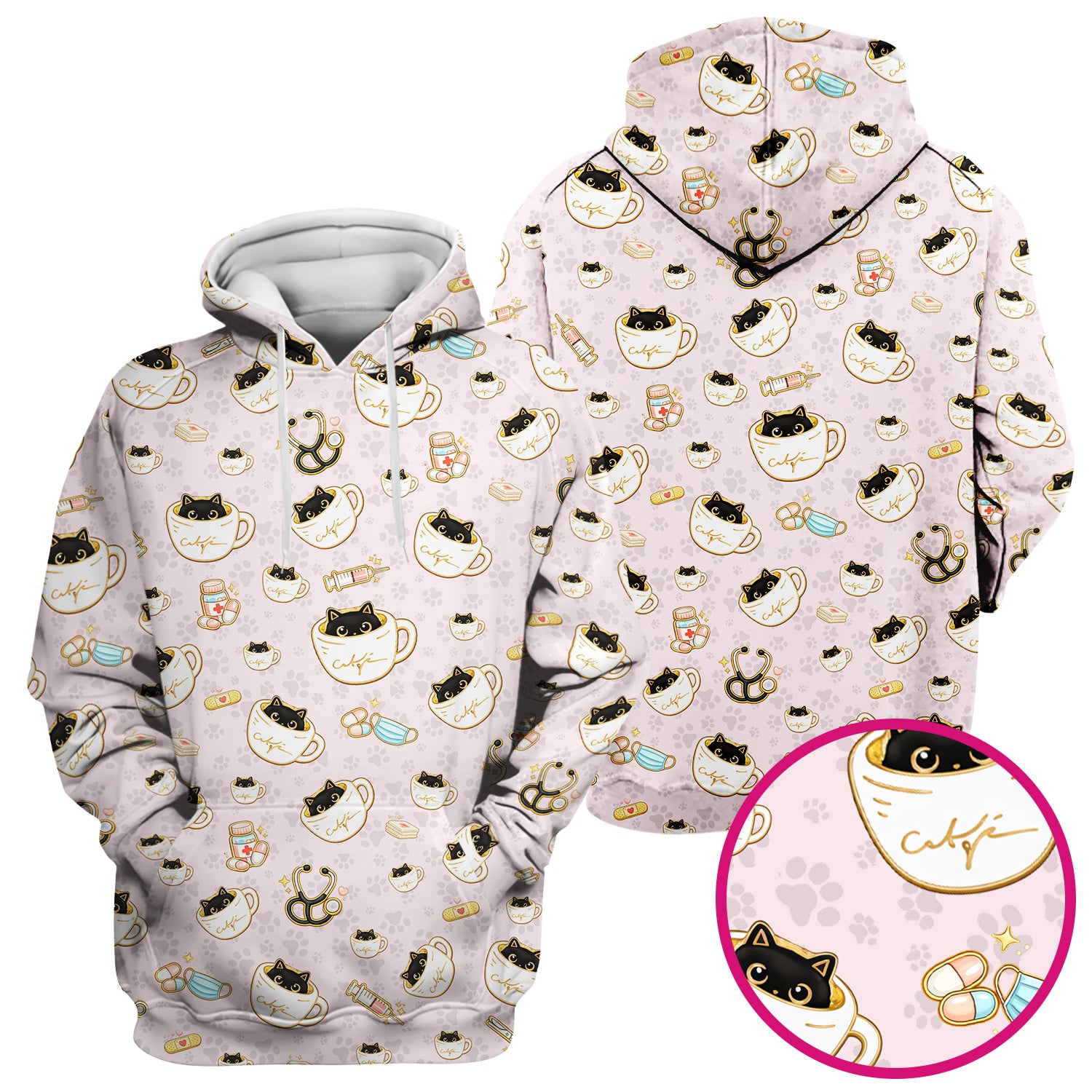 Cute Coffee Cat Medical Print Scrub Top, Breathable Fabrics Nursing Uniform