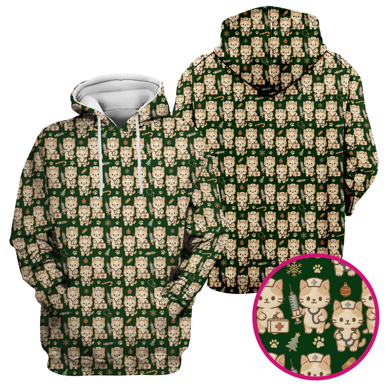 Cute Cat Nurse Christmas Scrub Top, Kawaii Kitty Medical Pattern Shirt, Breathable Fabrics Nursing Uniform