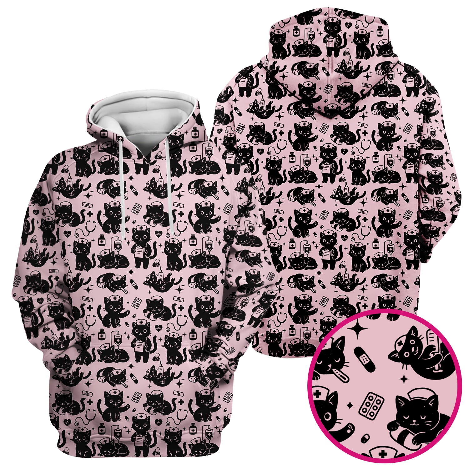 Cute Black Cat Nurse Pattern Scrub Top, Breathable Fabrics Nursing Uniform