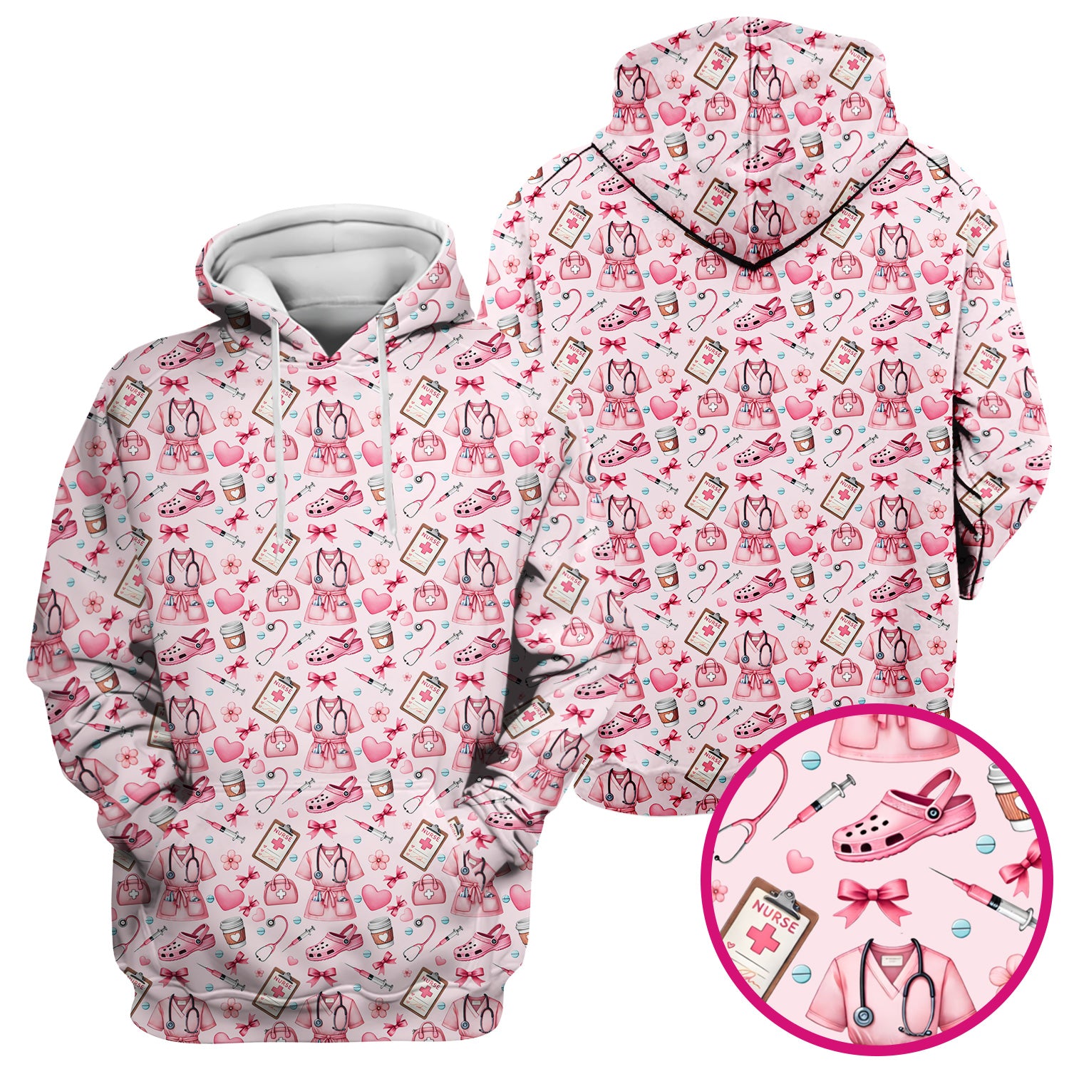 Valentine Pink Nurse Icons Print Scrub Top, Comfortable Scrubs for Nurses