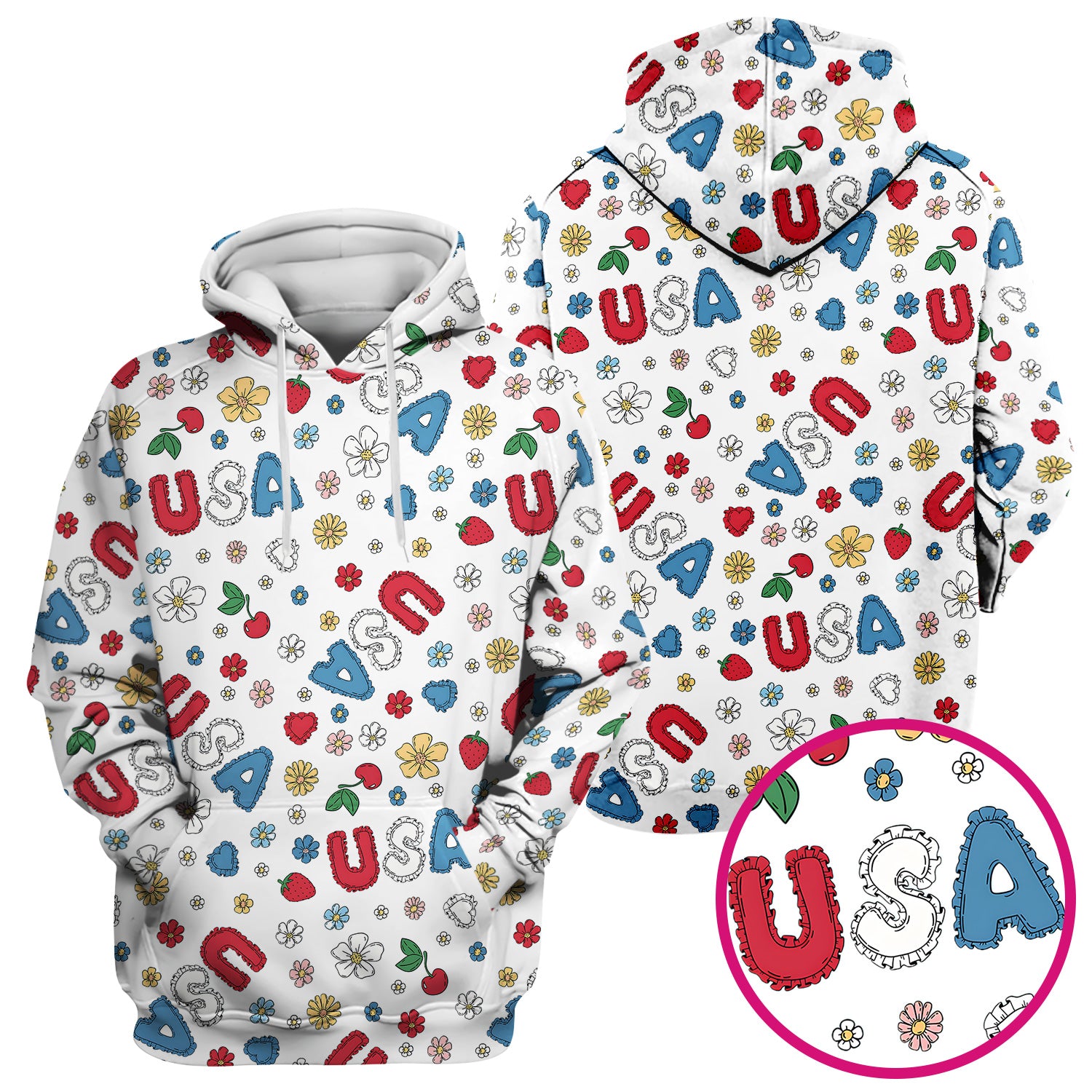 USA Cherry Strawberry Floral Patch Pattern Scrub Top, Comfortable Scrubs for Nurses