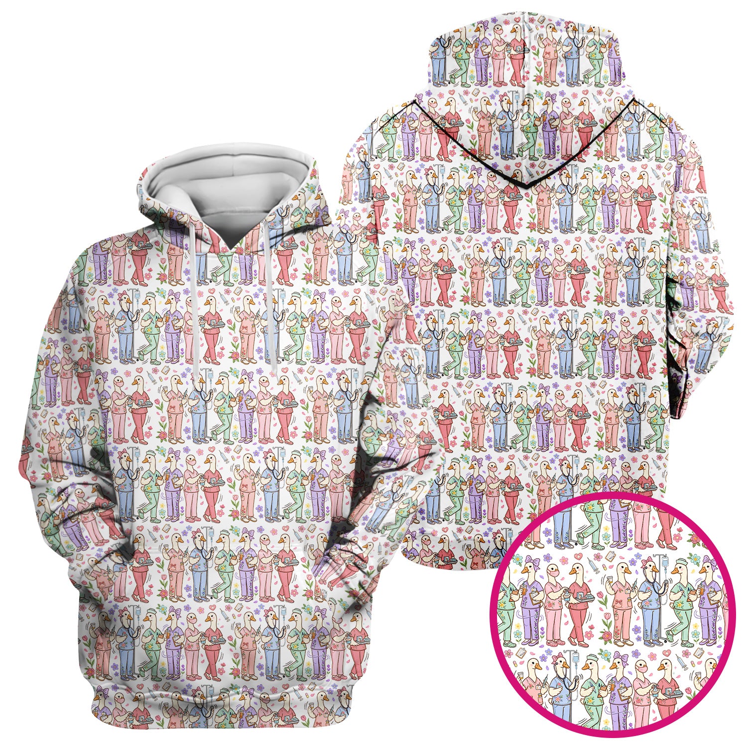 Goose Characters Floral Medical Team Uniform Pattern Scrub Top, Breathable Fabrics Nursing Uniform