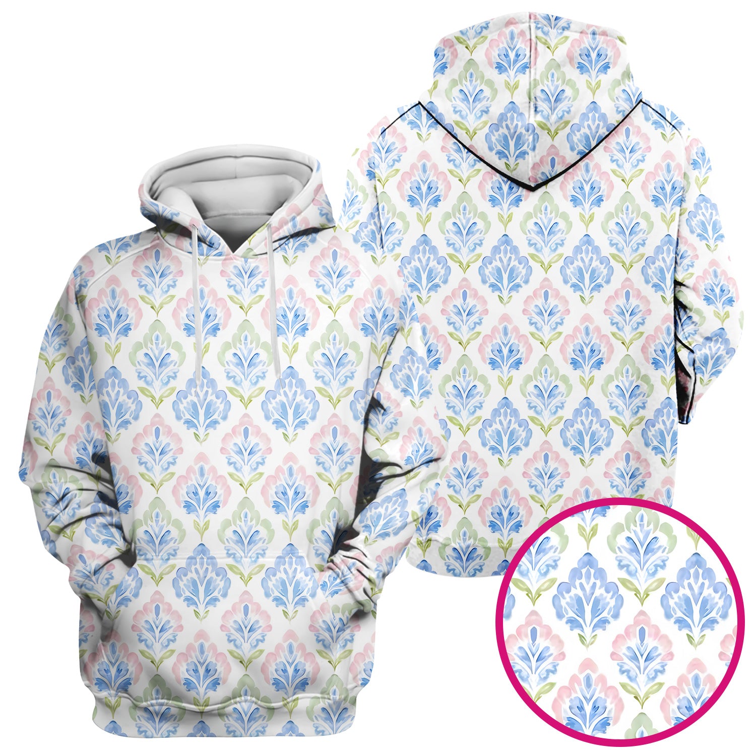 Blue Floral Damask Pattern Scrub Top, Breathable Fabrics Nursing Uniform