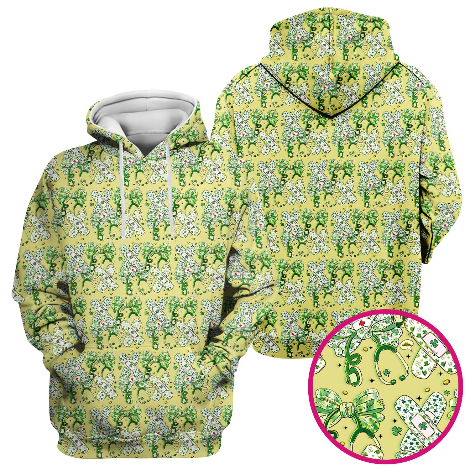 St Patrick Shamrock Stethoscope Bow Print Scrub Top, Breathable Fabrics Nursing Uniform