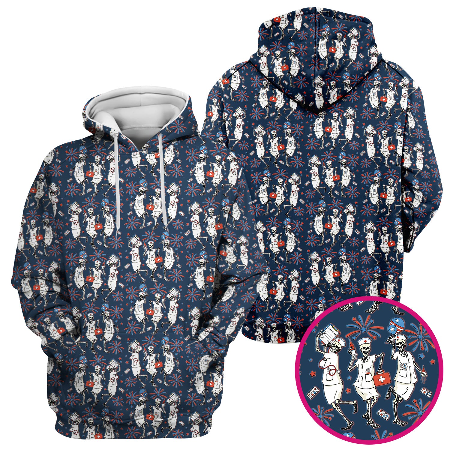 Funny Skeleton Nurse Patriotic Print Scrub Top, Halloween USA Fireworks Nursing Uniform for Women