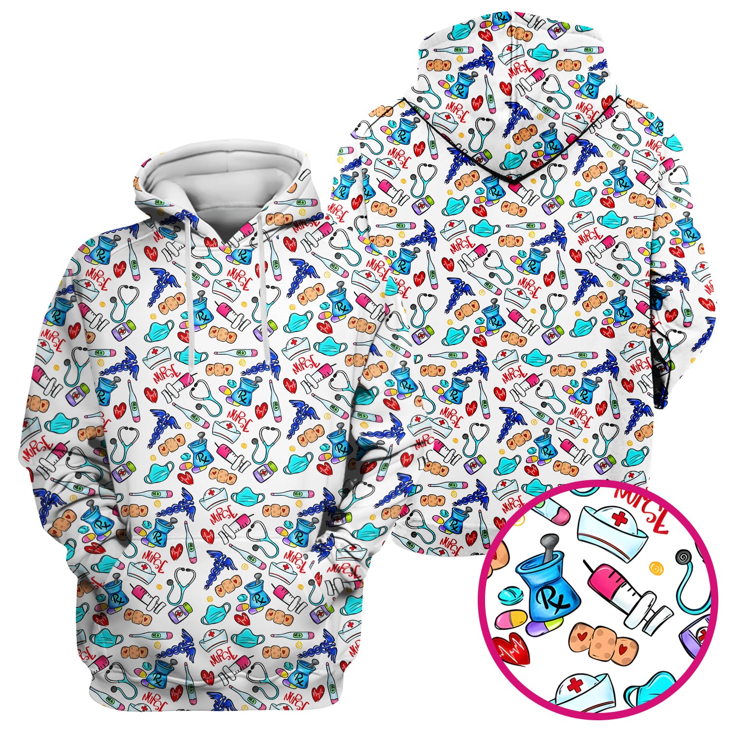 Nurse Medical Icons Stethoscope Heart Pattern Scrub Top, Comfortable Scrubs for Nurses