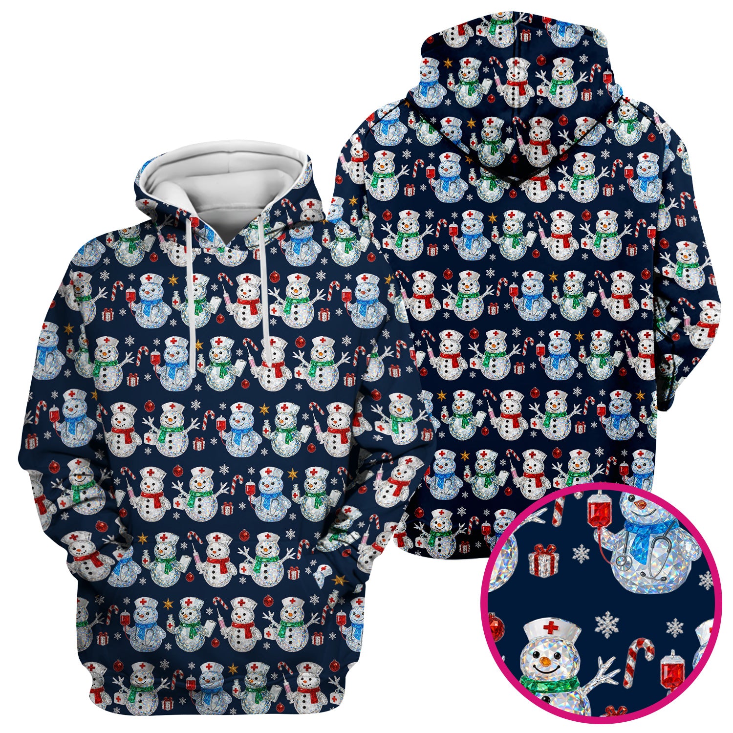 Nurse Snowman Christmas Scrub Top, Cute Holiday Medical Pattern Shirt For Women, Winter Snowflake Nursing Uniform