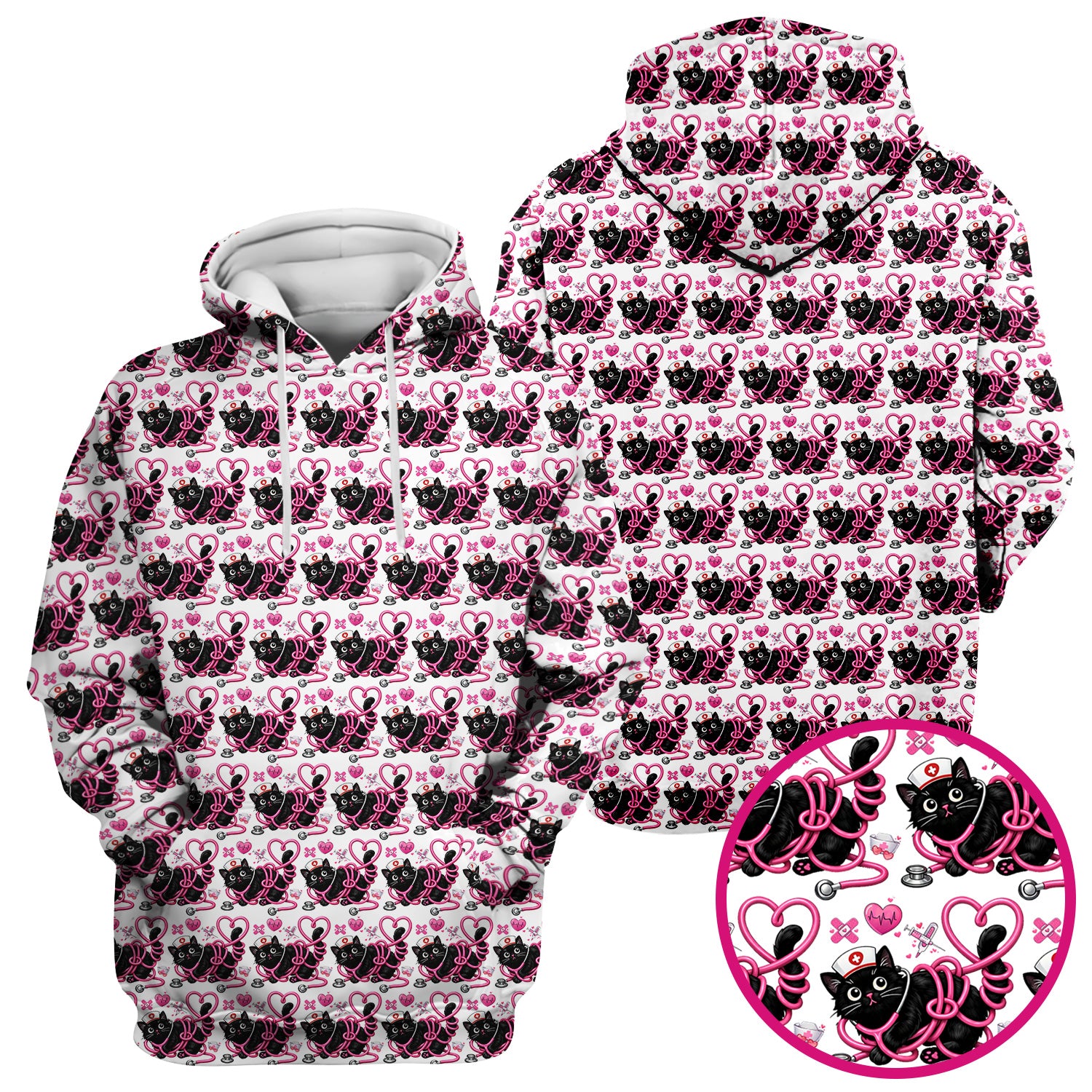 Valentine Cute Cat Nurse Heart Print Scrub Top, Comfortable Scrubs for Nurses