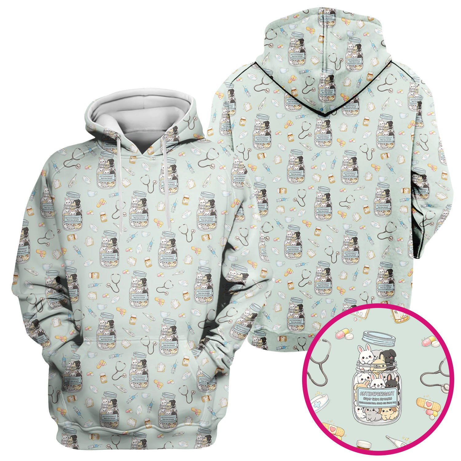 Whimsical Antidepressant Rabbit Jar Design Nurse Scrub Top, Soft & Breathable Workwear