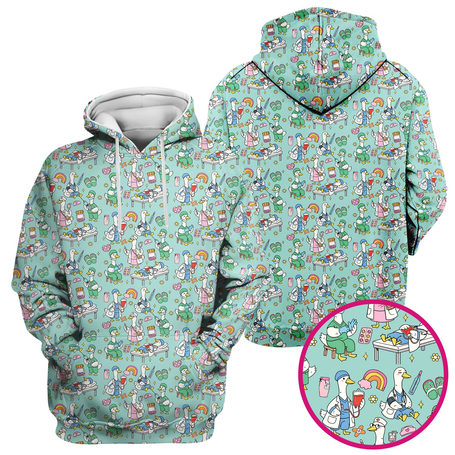 Funny Nurse Duck Medical Doodle Pattern Scrub Top, Comfortable Nurse Workwear Top