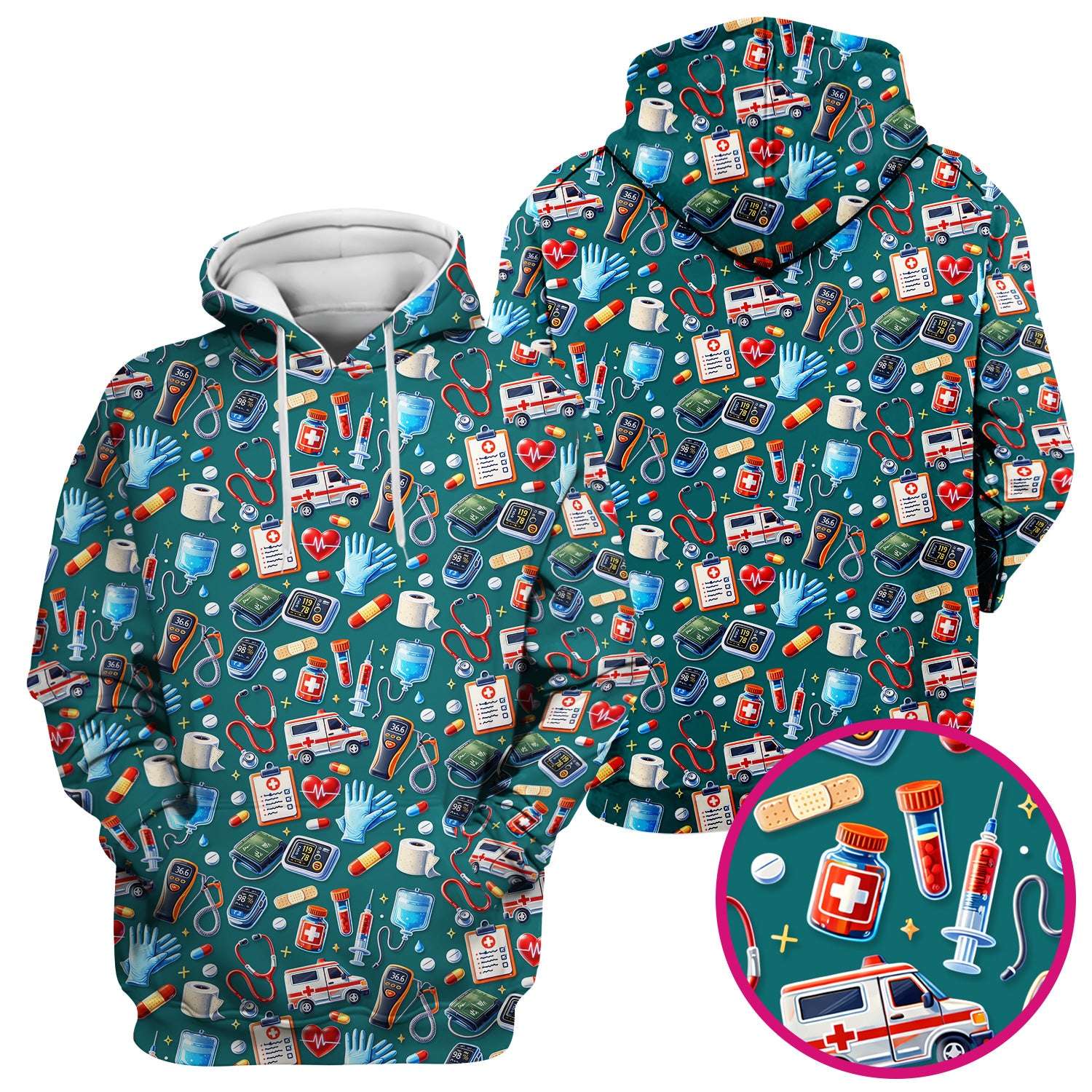 Medical Tools Pattern Ambulance Stethoscope Scrub Top, Comfortable Scrubs for Nurses