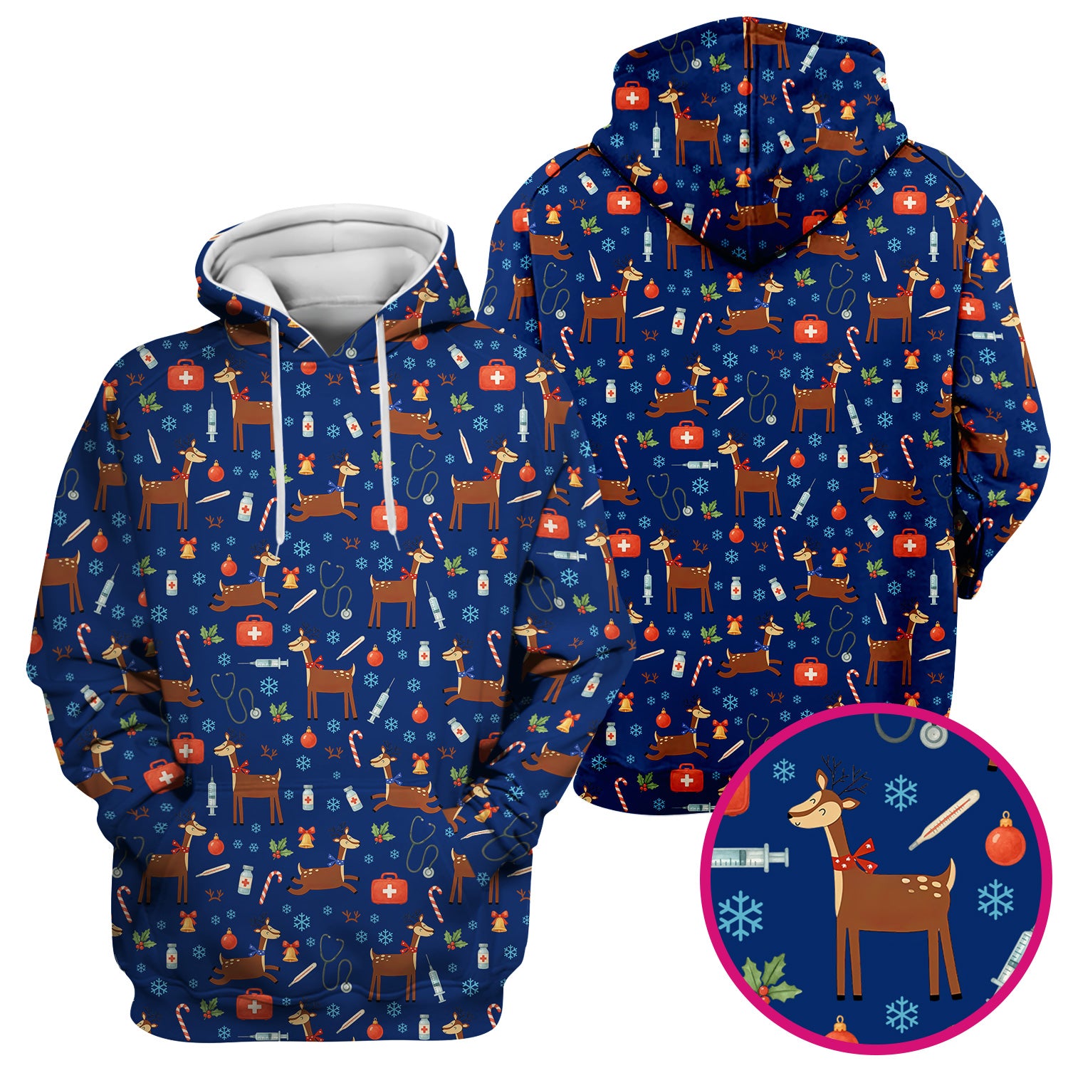 Christmas Reindeer Scrub Top for Nurses - Cute Reindeers Snowflakes Candy Canes Shirt - Comfortable Med Uniform