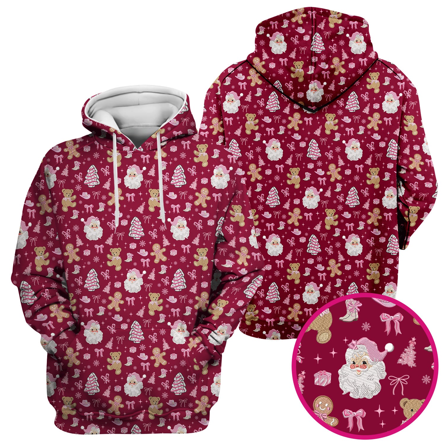 Pink Christmas Santa Gingerbread Scrub Top, Cute Holiday Medical Pattern Shirt, Breathable Fabrics Nursing Uniform