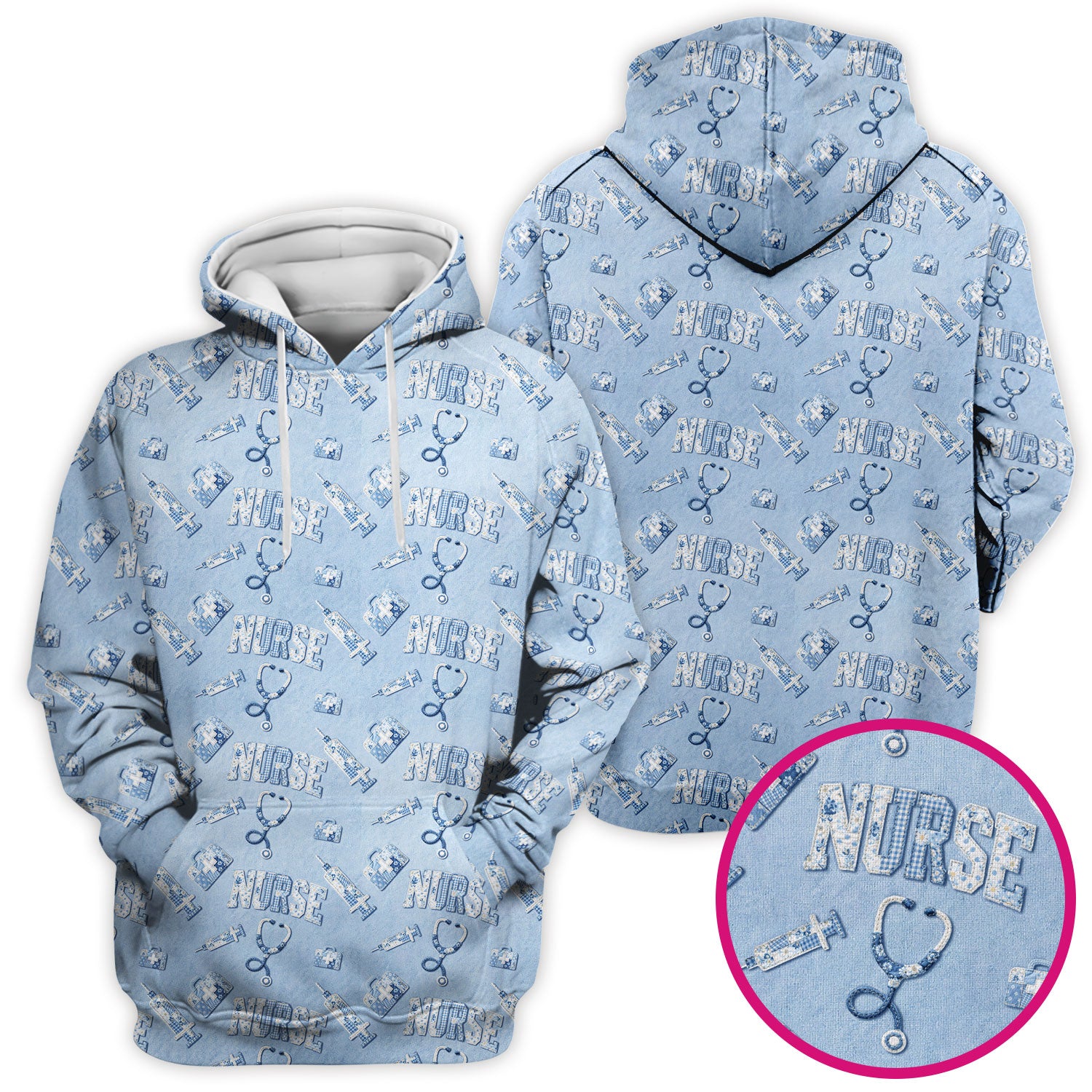 Blue Nurse Medical Pattern Scrub Top for Women, Breathable Nursing Uniform