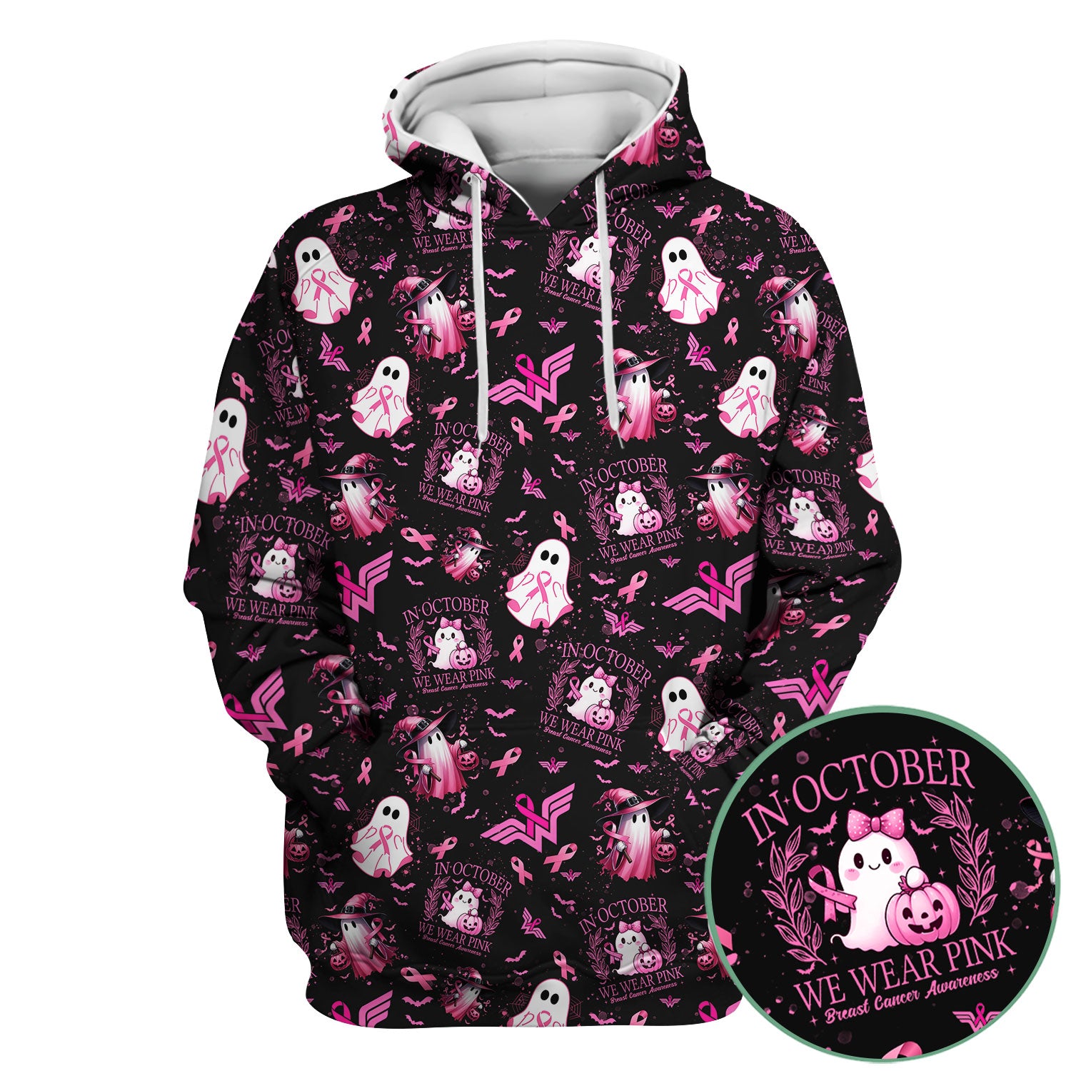 Pink Halloween Scrub Top for Nurses - In October We Wear Pink Breast Cancer Awareness Shirt - Cute Ghost Witch Gift for RN CNA LPN