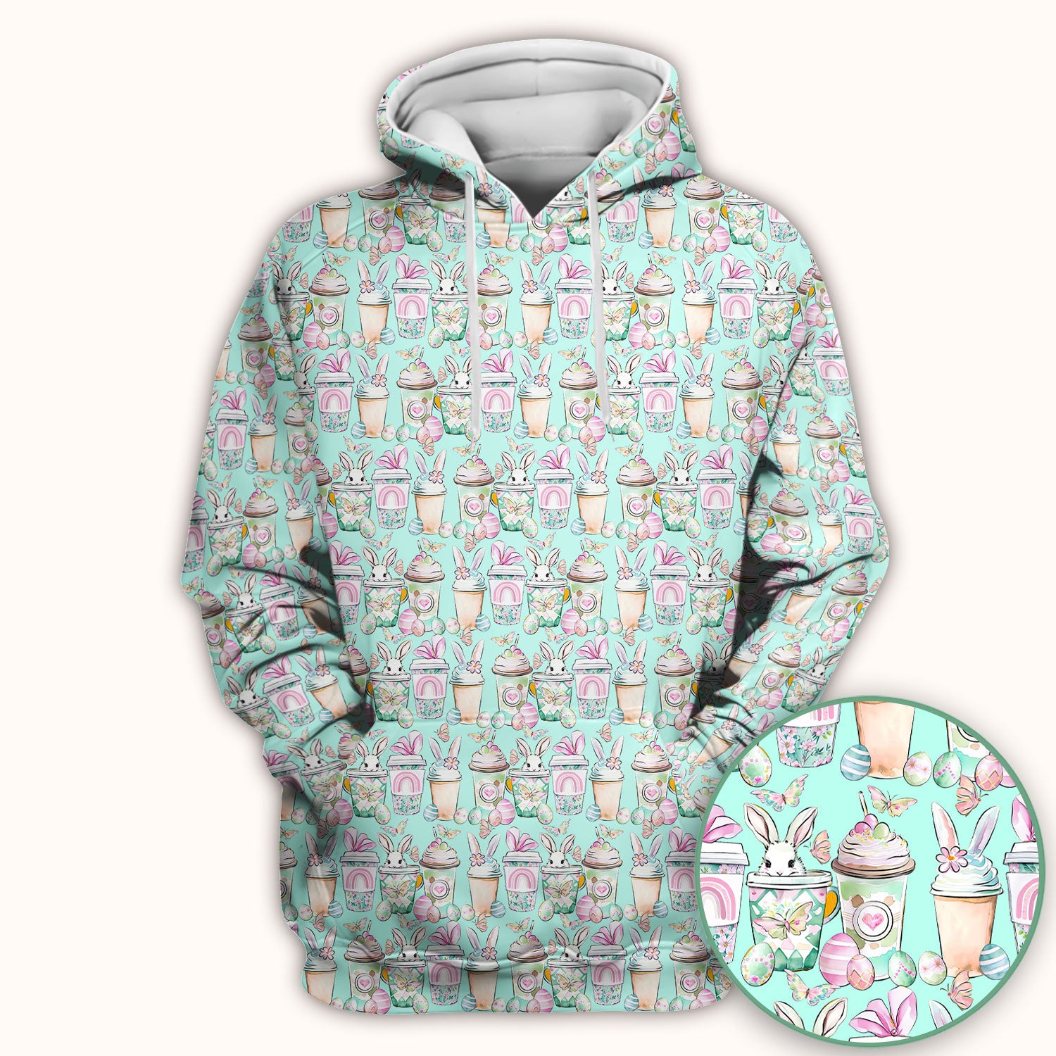 Cute Easter Bunny Coffee Cup Pattern Scrub Top, Comfortable Scrubs for Nurses