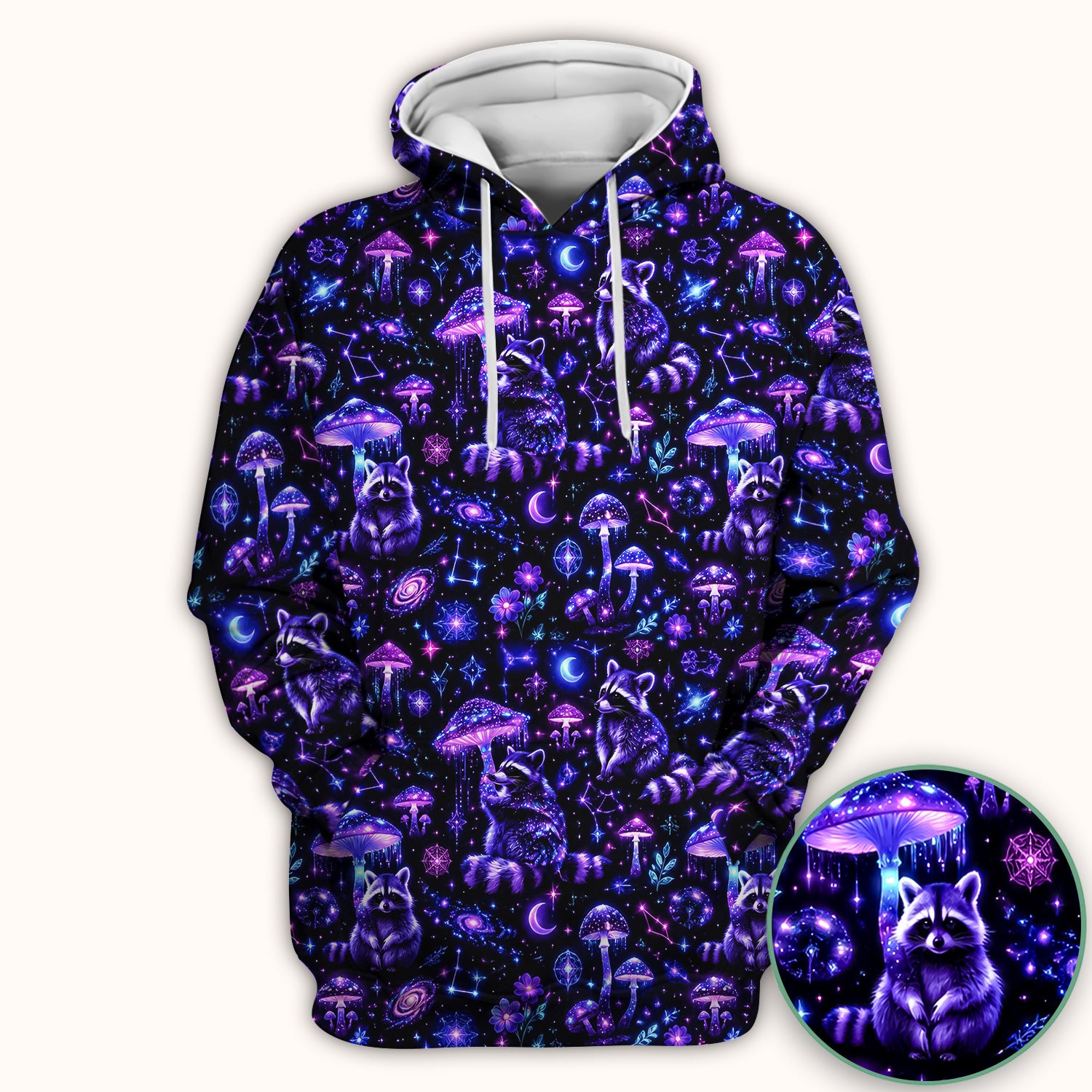 Cosmic Raccoon Mushroom Print Scrub Top, Comfortable Scrubs for Nurses