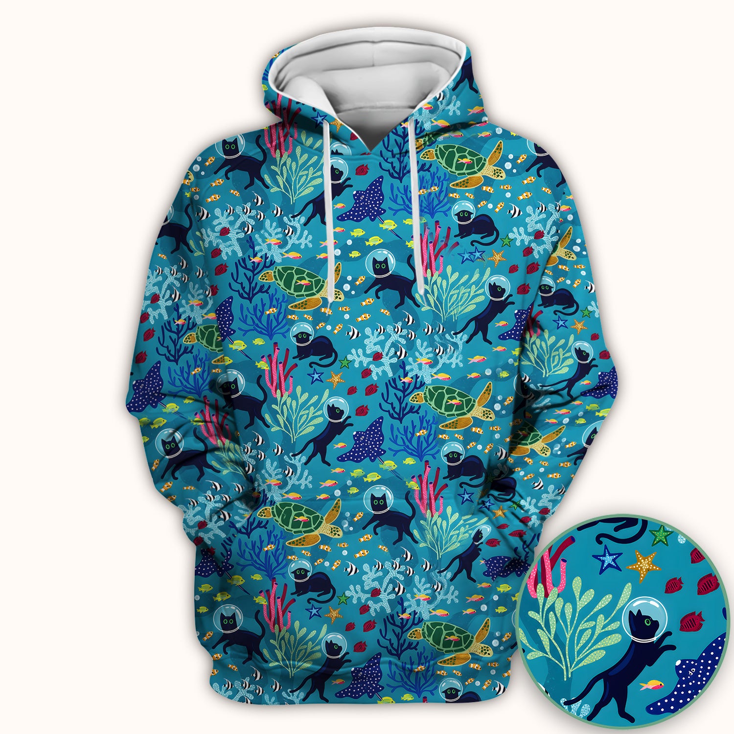 Underwater Cat Turtle Veterinary Pattern Scrub Top for RN, CNA, Ocean Medical Uniform