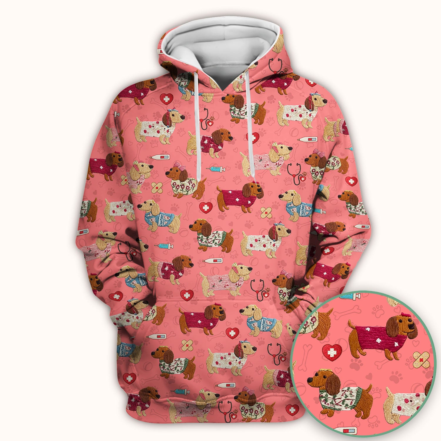 Cute Medical Wiener Dog Pattern Nurse Shirt, Dachshund Nursing Scrub Top, Breathable Fabrics Nursing Uniform