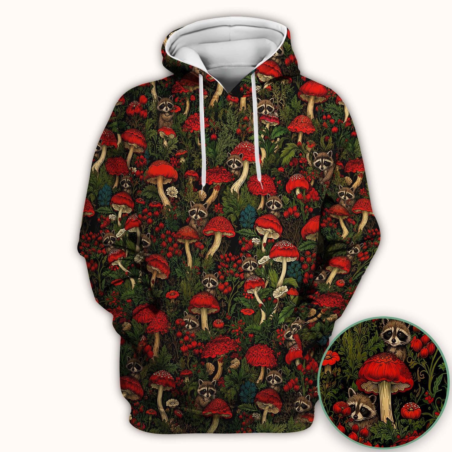 Woodland Raccoon Red Mushroom Pattern Scrub Top, Comfortable Scrubs for Nurses