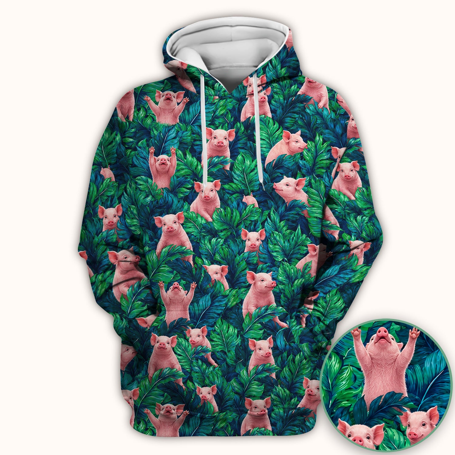 Cute Piglet Jungle Leaves Pattern Scrub Top, Comfortable Scrubs for Nurses