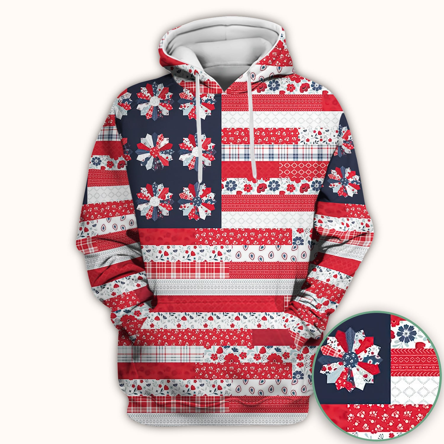 Patriotic Floral Flag Patchwork Pattern Scrub Top, Comfortable Scrubs for Nurses