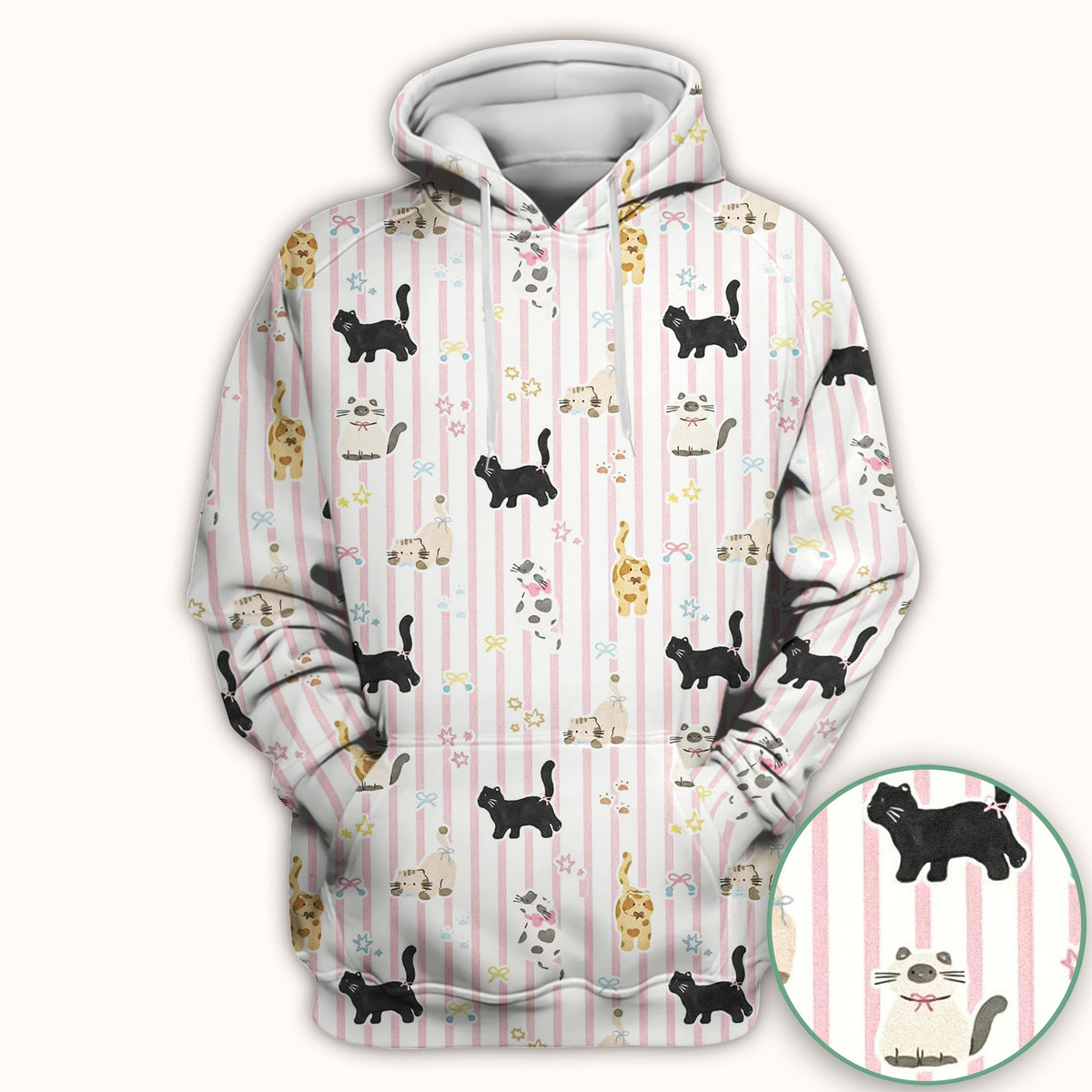 Cute Playful Cat Stripe Ribbon Pattern Scrub Top, Breathable Fabrics Nursing Uniform